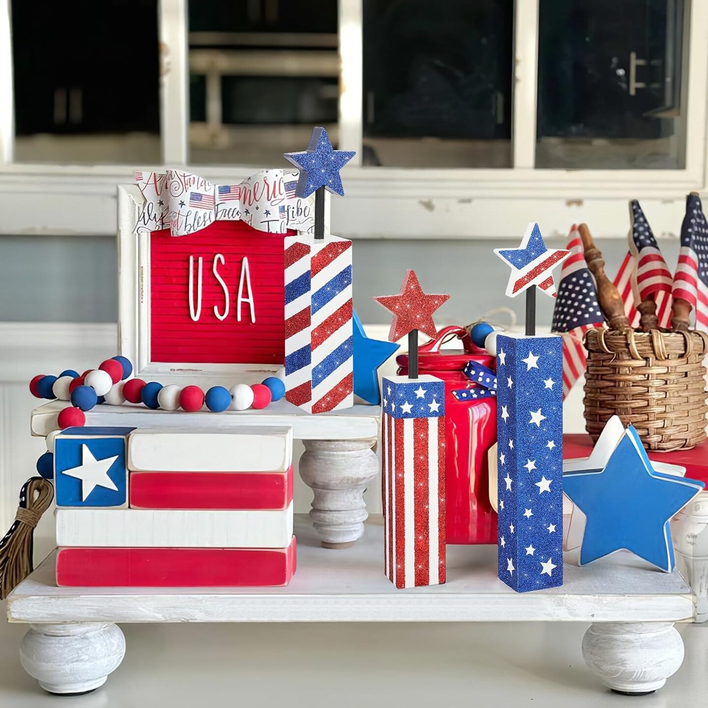 4th of July Decorations Set, Red White Blue Decor, Wooden Patriotic Memorial Day Tabletop Decor, Labor Day Decorations, Fourth of July Decoration for Home Office Table (Flag Shinny)