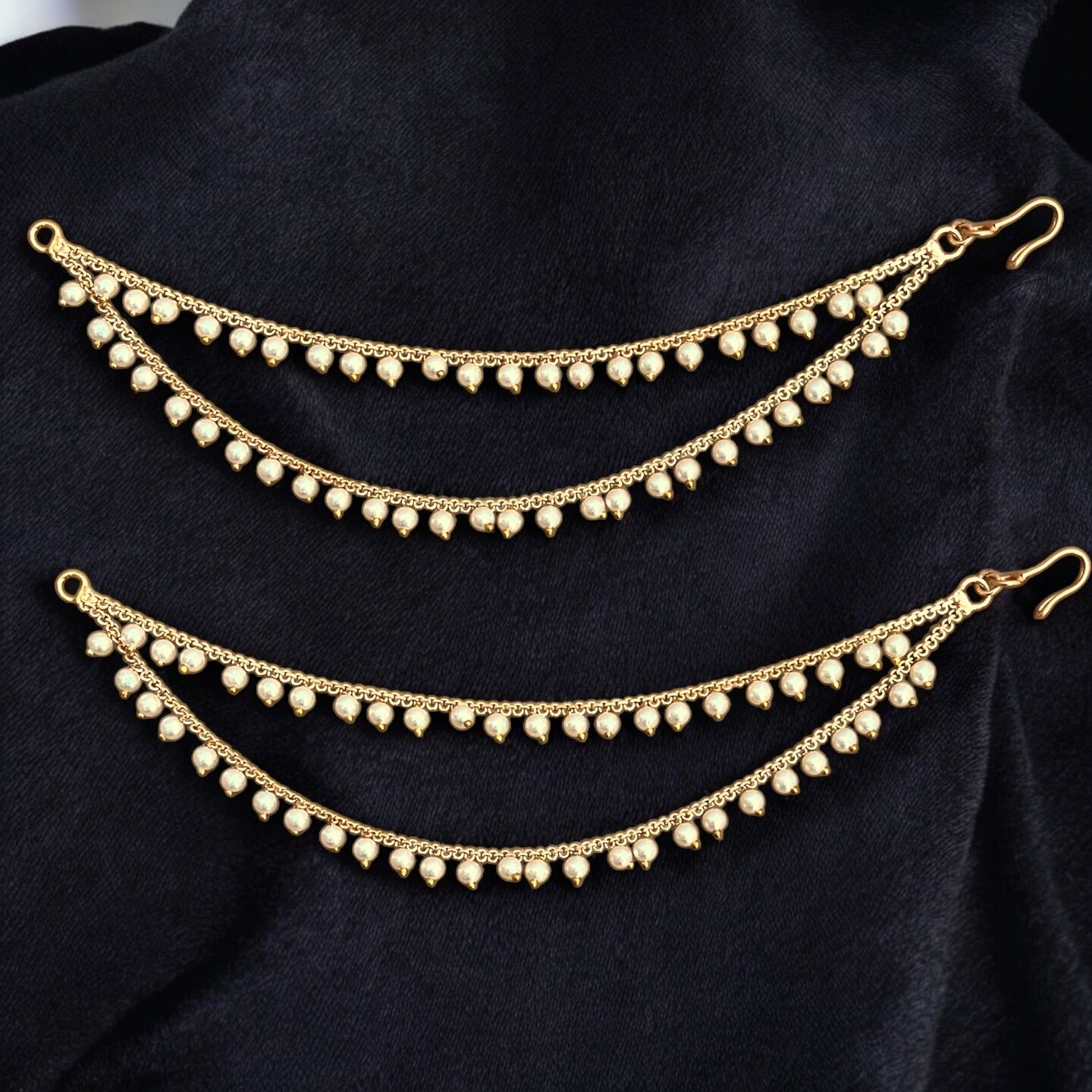 Indian Traditional Ear Chains for Women - Indian Jewellery for Earring Support Double Layered Long Gold Tone Earring Chain Ear to Hair Chain Jewelry Faux Pearl Hair Accessory Bridal Jewelry
