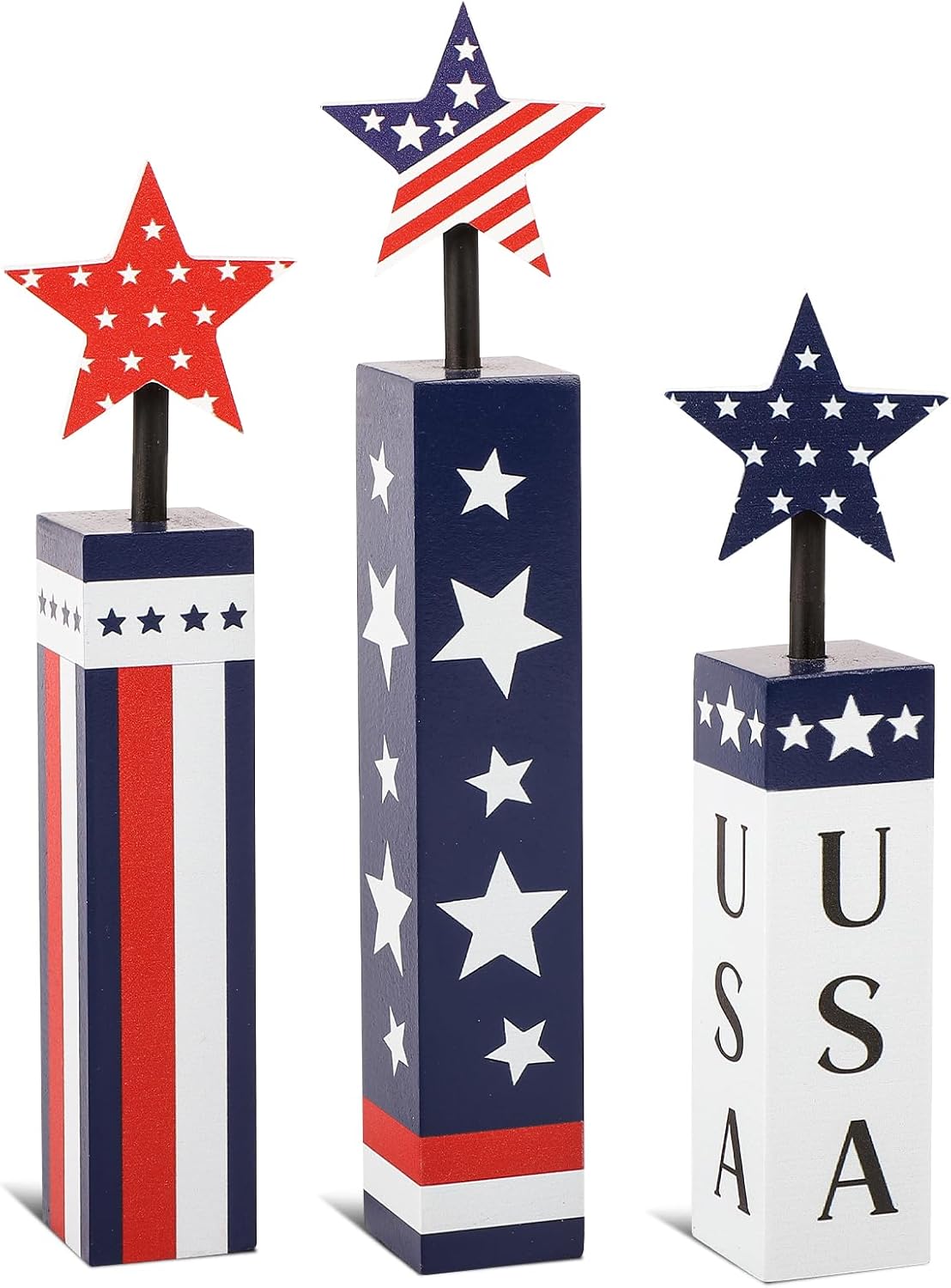Wooden 4th of July Decorations Set, Red White Blue Decor, Patriotic Memorial Day Tabletop Decor, Labor Day Decorations, Fourth of July Decoration for Home Office Table (Flag Print)