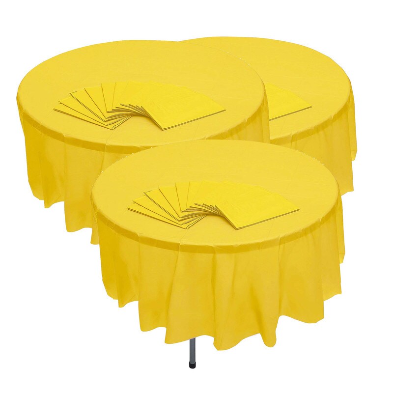82" Bulk Set of 12 Yellow Disposable Round Plastic Tablecloths Banquet-Style