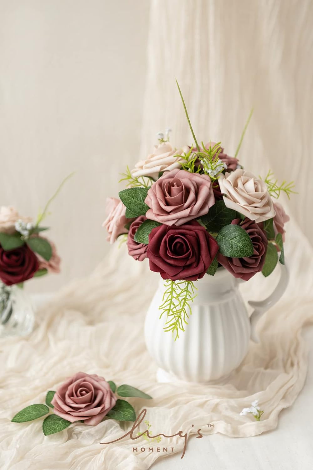 25Pcs Artificial Flowers Roses in Burgundy Mauve Shades Bouquets