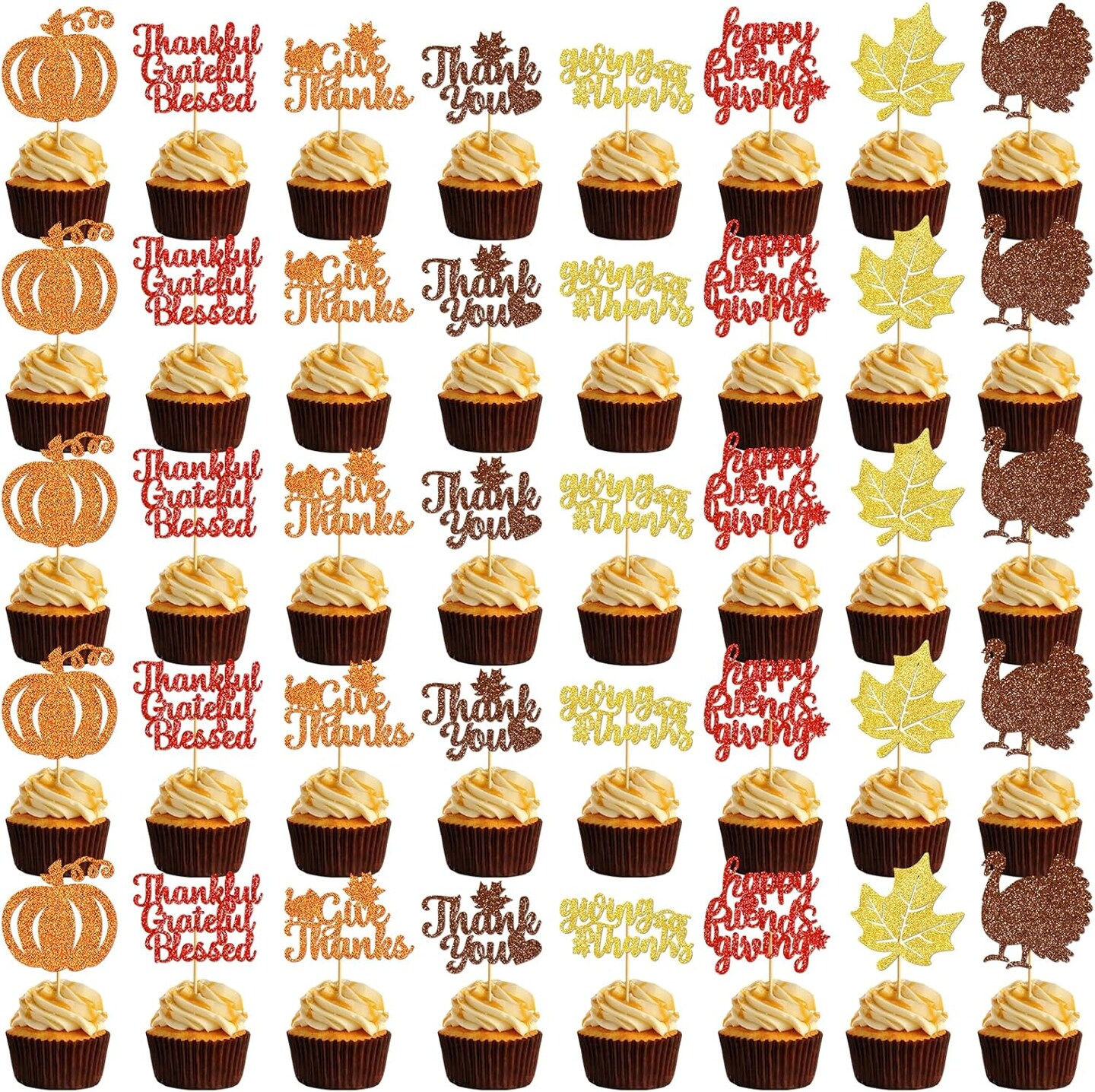 40-Pack Friendsgiving & Thanksgiving Cupcake Toppers – “Give Thanks” Fall-Themed Decorations with 8 Designs for Cupcakes, Cakes & Party Displays