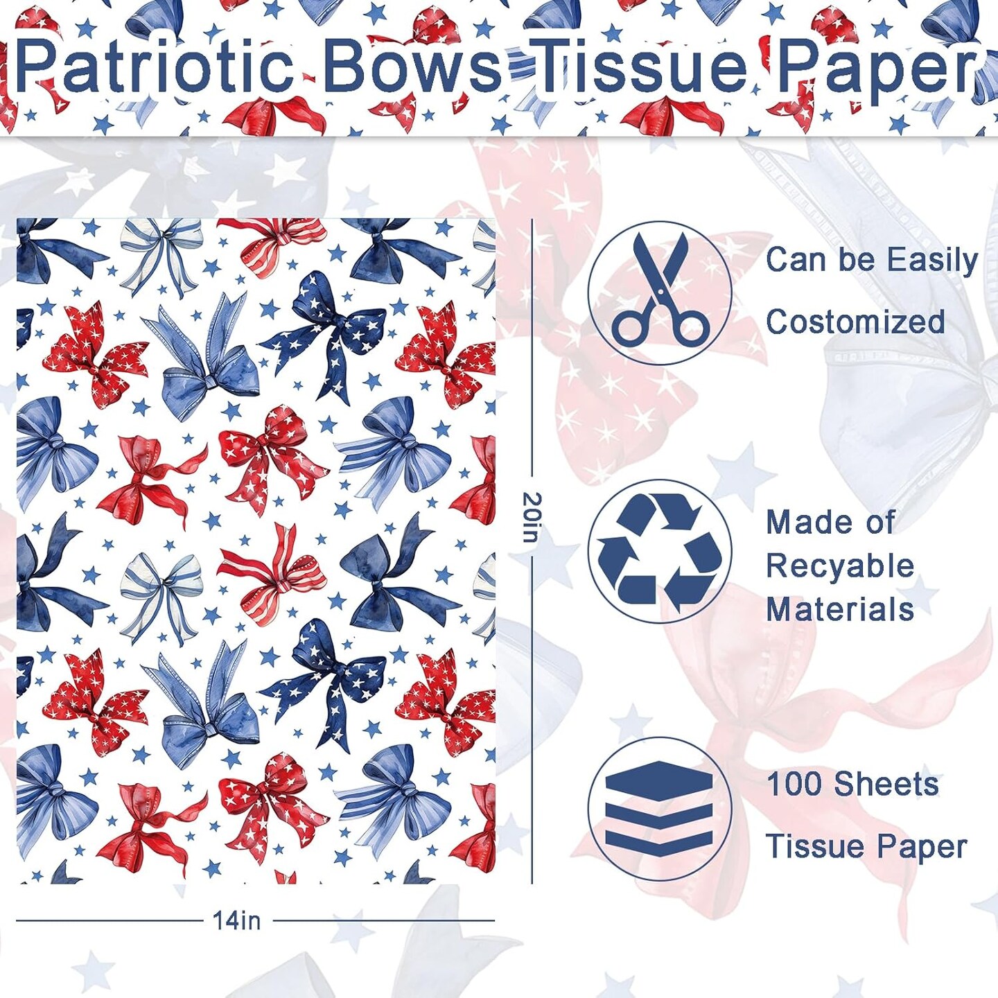 100 Sheet Red White Blue Bows Tissue Paper, Patriotic Ribbons Patterns Gift Wrapping Paper for 4th of July DIY Crafts Independence Day Veteran's Day Party Supplies, 13.8 x 19.7 Inch