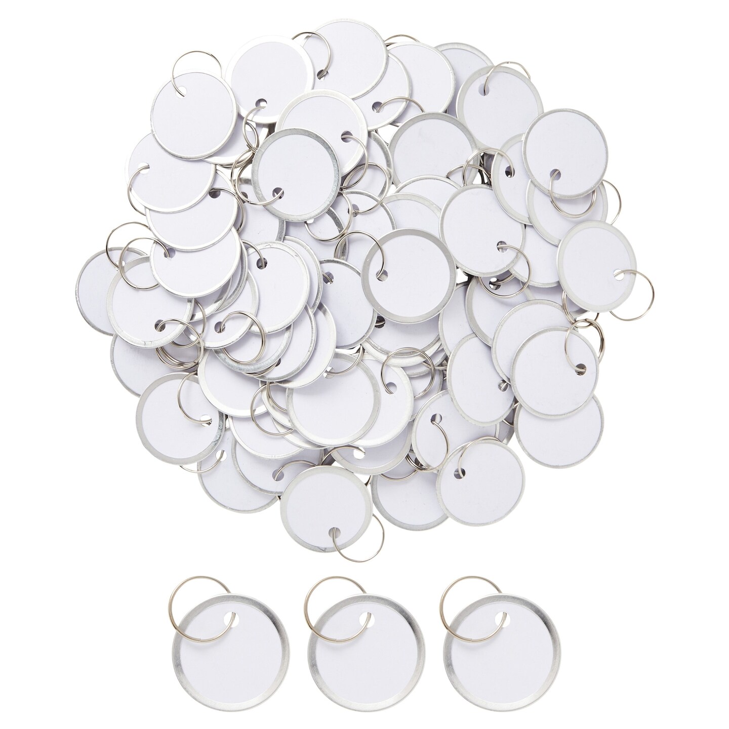100-Pack Paper Key Tags with Metal Rings - 1.2 Inch Round Rimmed Split Keychain with Blank Labels for Valet, Doors, Luggage (White)