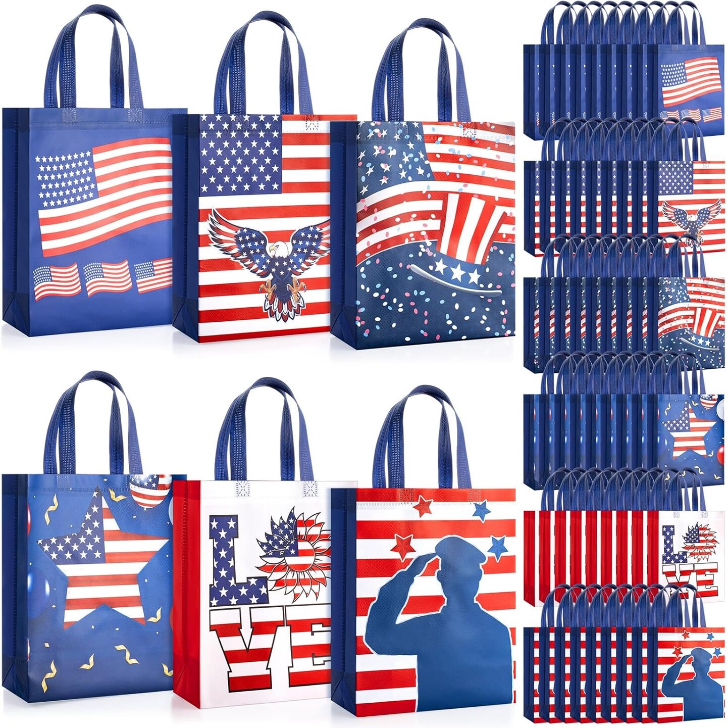 60 Pcs Patriotic Gift Bags Bulk Non Woven American Flag Party Favor Bags with Handles Memorial Day 4th of July Party Supplies