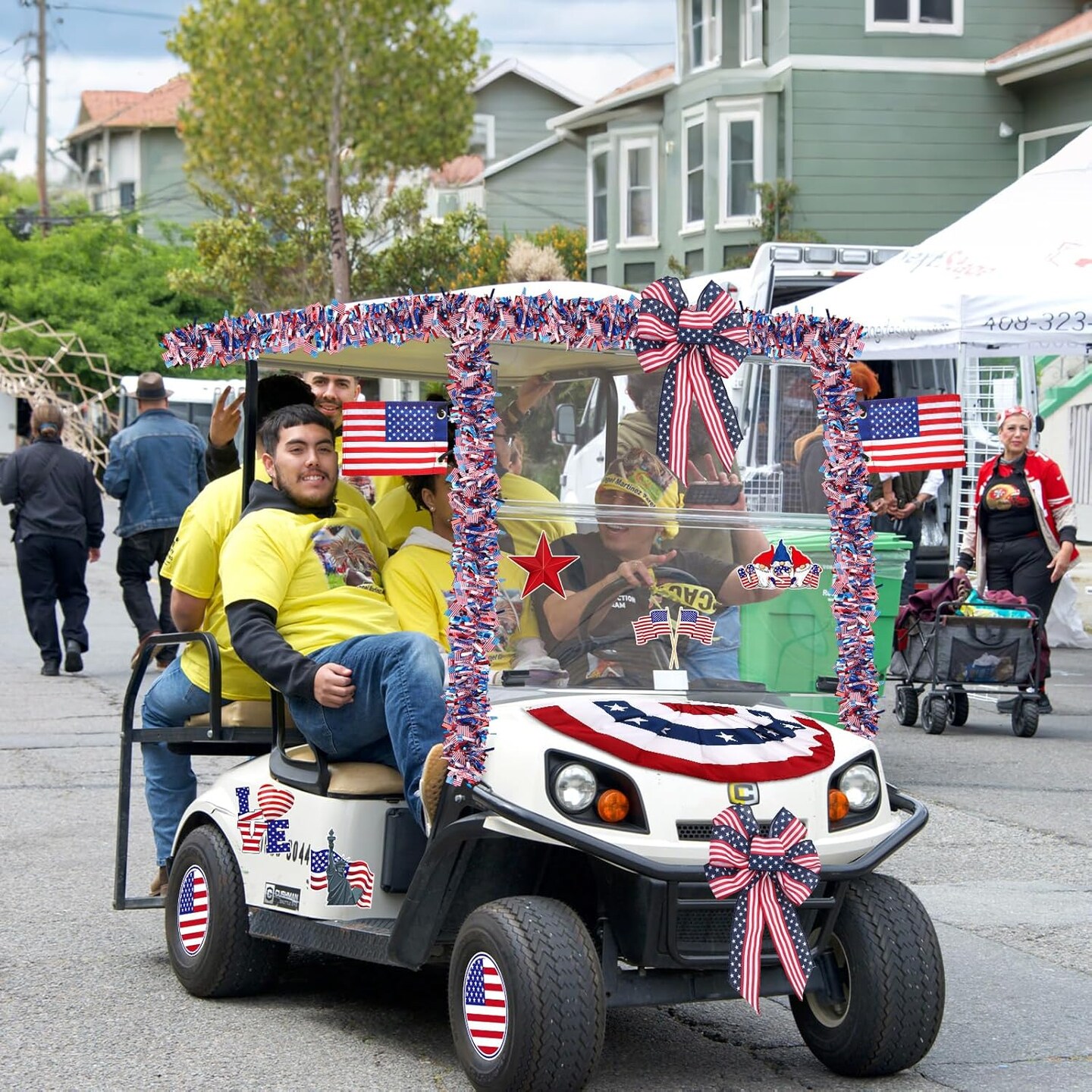 18 Pcs 4th of July Parade Golf Cart Decorations Independence Day Parade Bunting Flag Golf Cart Flags with Elastic Strap Bracket Tinsel Garland Golf Cart Stickers