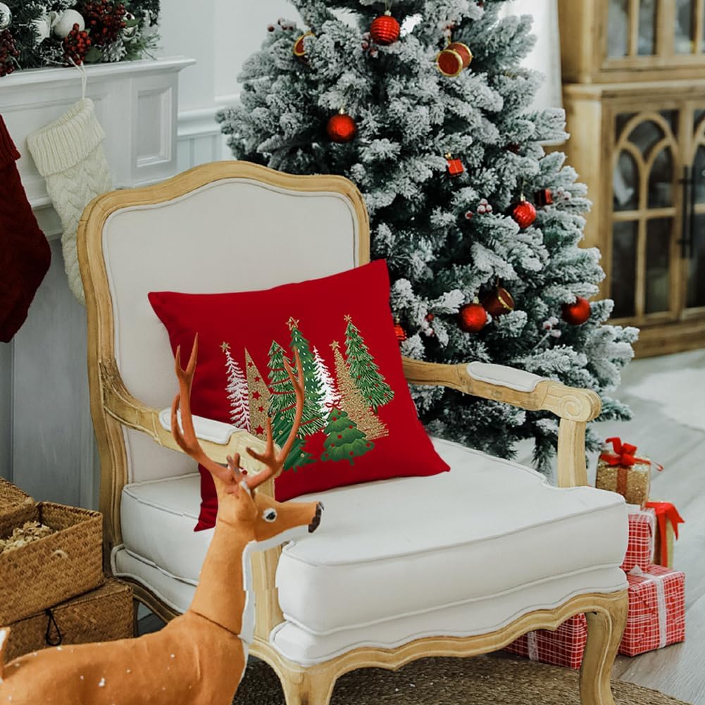 Christmas Pillow Covers 18x18 Inch Tree Christmas Decorations Velvet Red Christmas Throw Pillow Cases Xmas Christmas Decor Winter Decorative Pillows for Couch Holiday Soft Gold