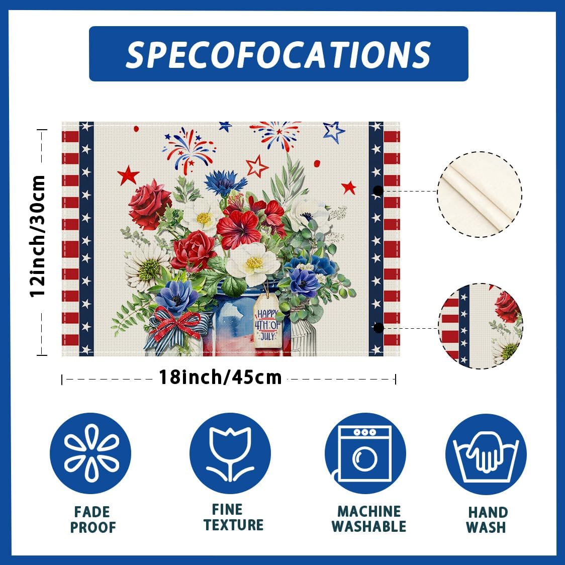 Stripes Colorful Flowers Vases Stars Fireworks Patriotic America 4th of July Memorial Day Independence Day Placemats Set of 4 Table Mats Decorations 12x18 Inch