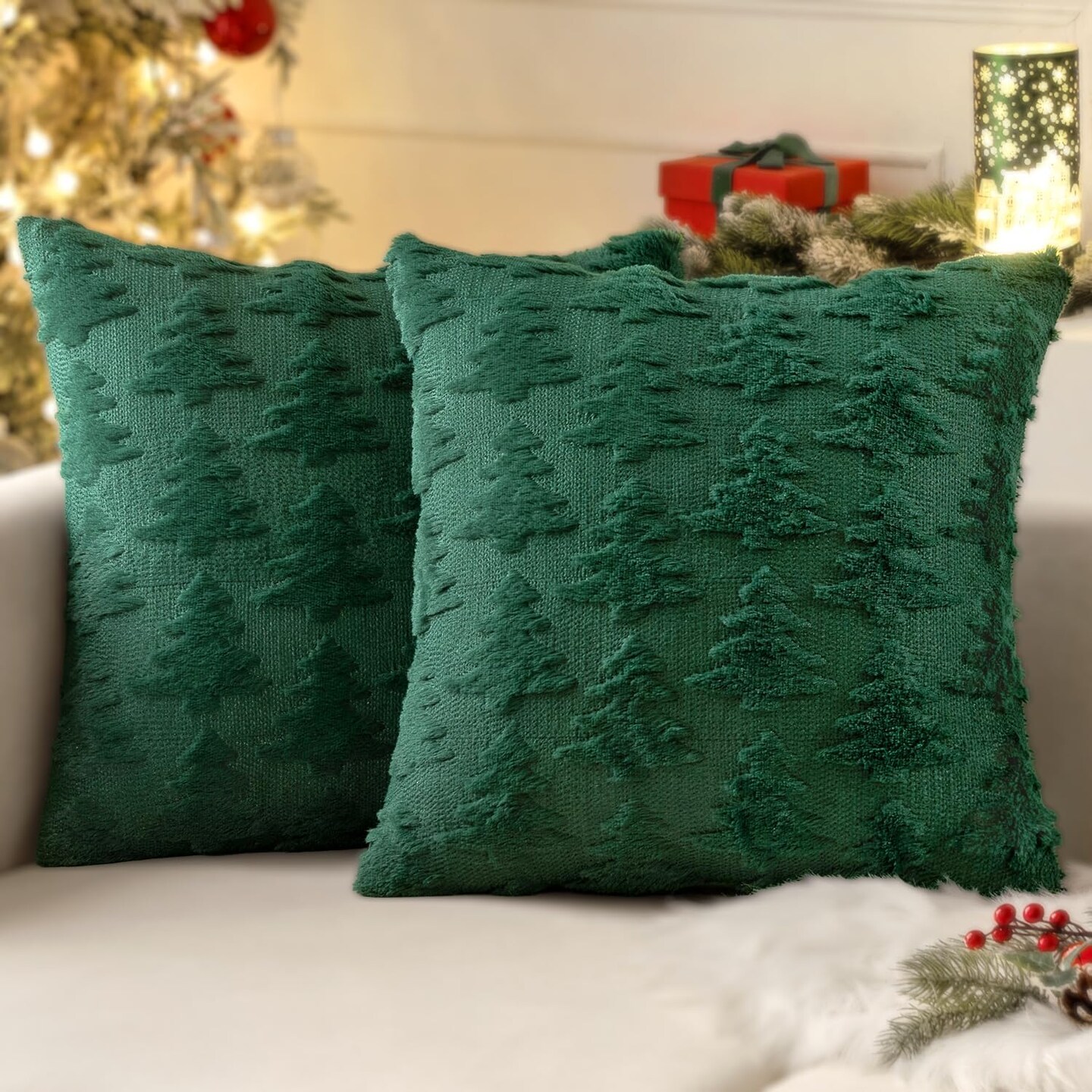 Christmas Throw Pillow Covers – Set of 2 Dark Green Xmas Tree Decorative Pillowcases, 18x18 Inches, Soft Plush Faux Wool Holiday Cushion Covers for Sofa, Couch, Bed, Porch