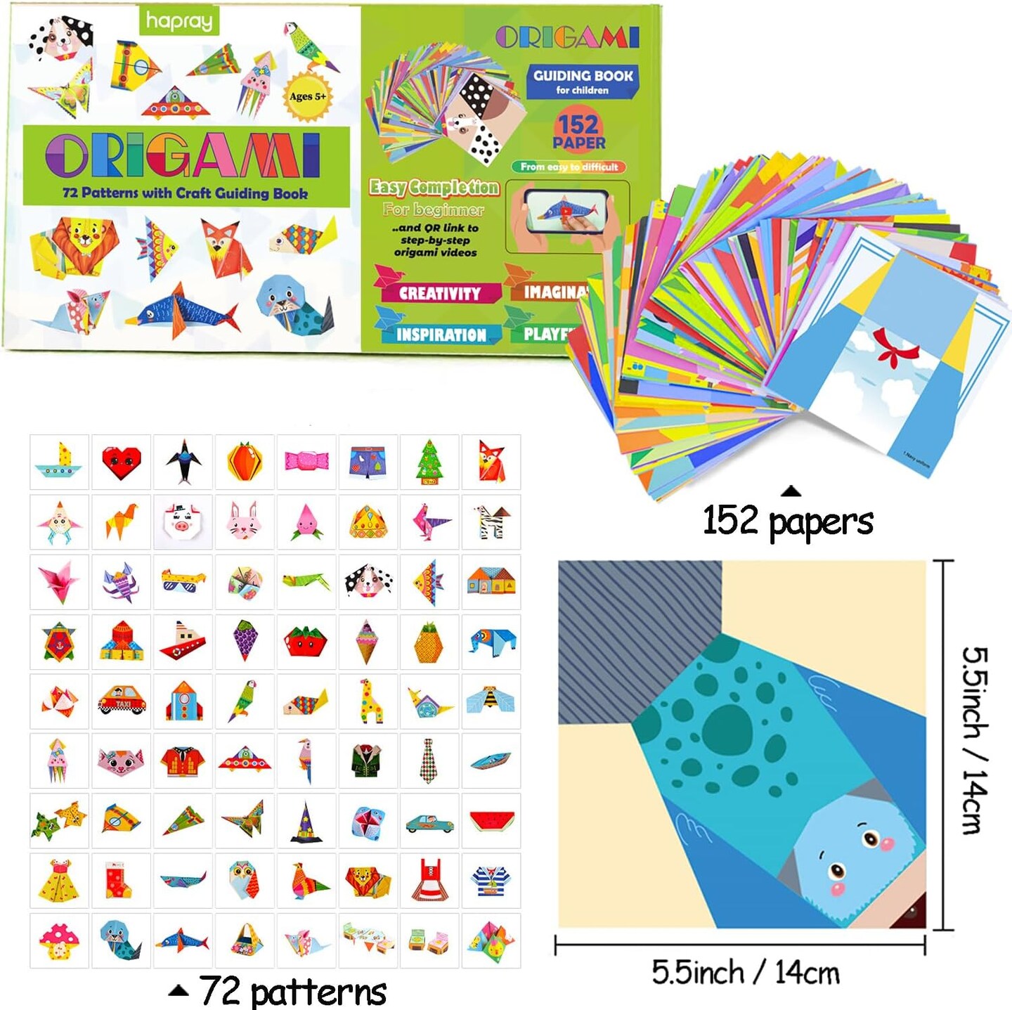 Origami Kit for Kids Ages 5-8 8-12, with Guiding Book, 152 Paper with 72 Patterns, DIY Art and Craft Projects, Beginners Children's Day Gift Boy Girl