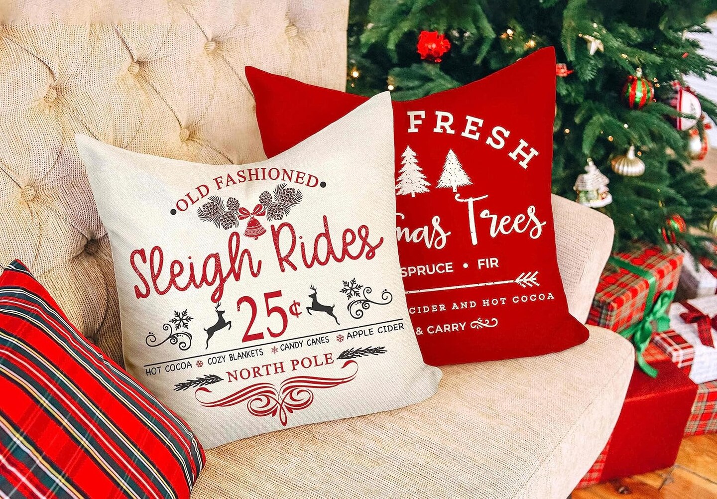Christmas Pillow Covers 18x18 Inch Set of 4 – Winter Holiday Rustic Throw Cushion Covers for Sofa, Couch & Home Decor (Sleigh Rides, Farm Fresh Tree, Cocoa, Candy Canes)
