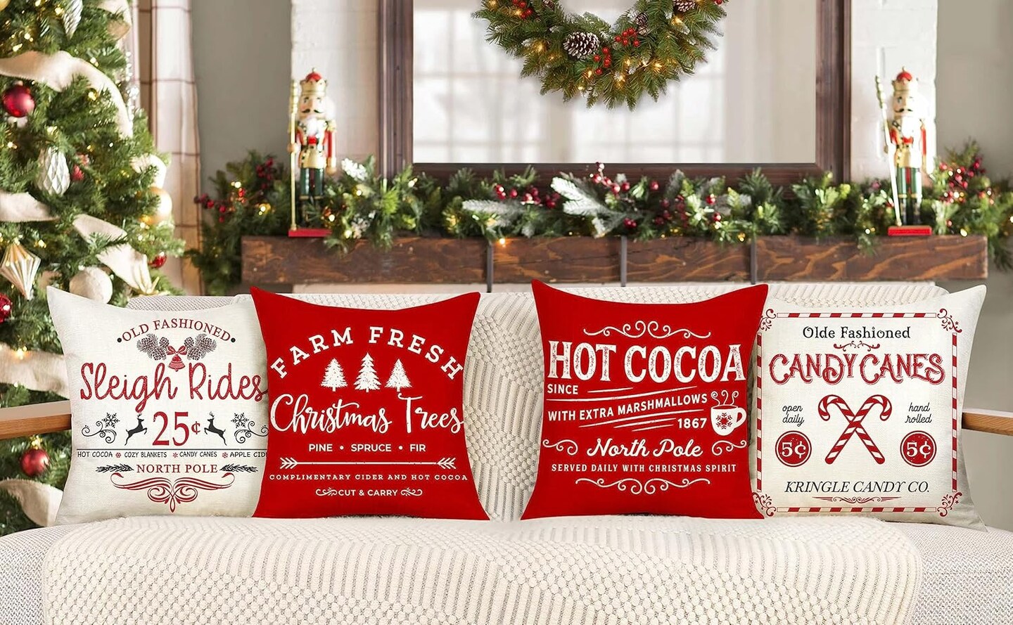 Christmas Pillow Covers 18x18 Inch Set of 4 – Winter Holiday Rustic Throw Cushion Covers for Sofa, Couch & Home Decor (Sleigh Rides, Farm Fresh Tree, Cocoa, Candy Canes)
