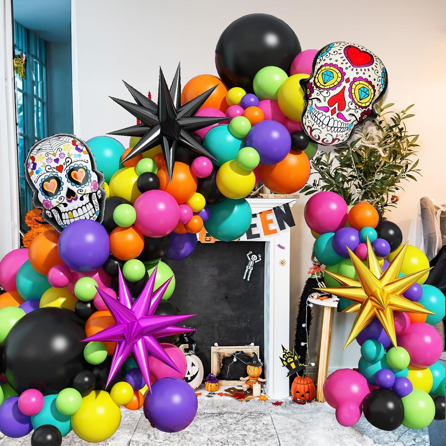 135 Pcs Day of the Dead Balloon Arch Kit Dia De Los Muertos Decorations(Colorful)