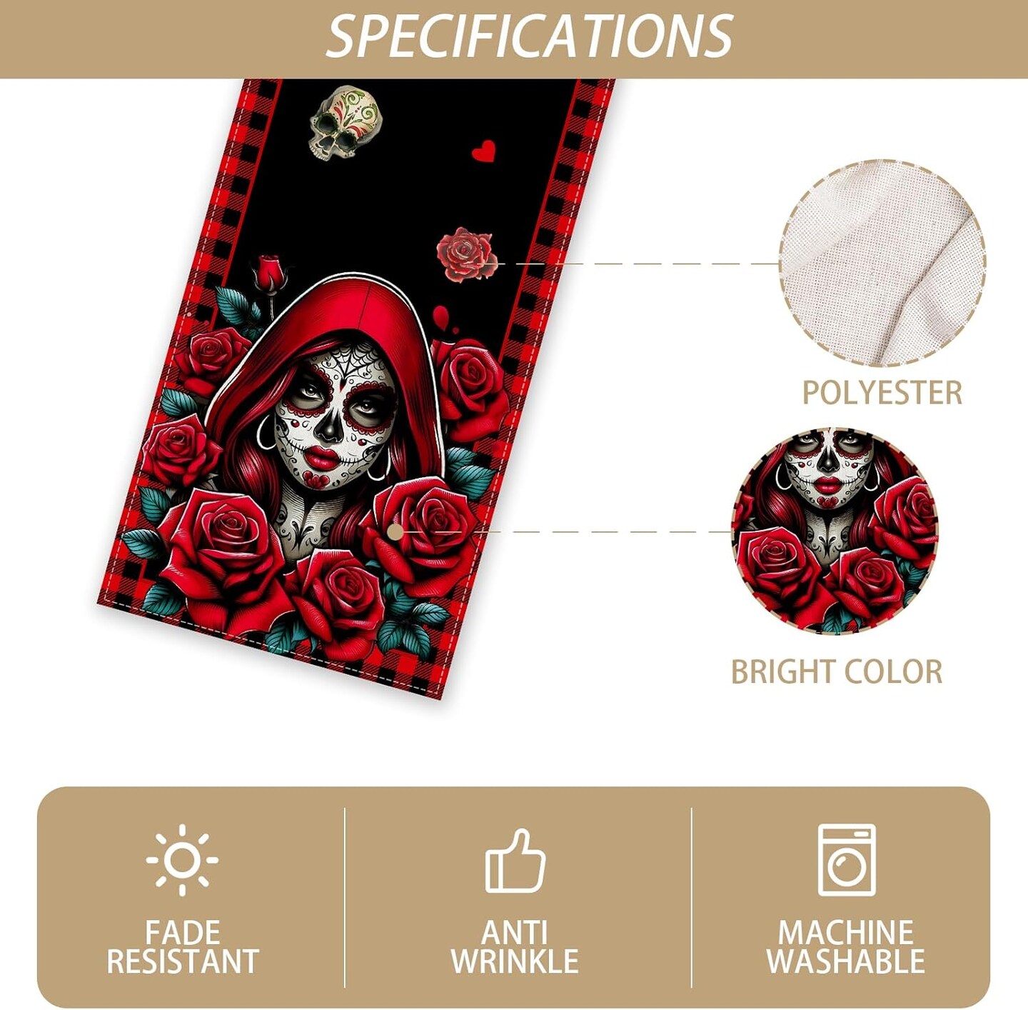 Day of The Dead Table Runner Dia De Los Muertos Tablecloth(Red)