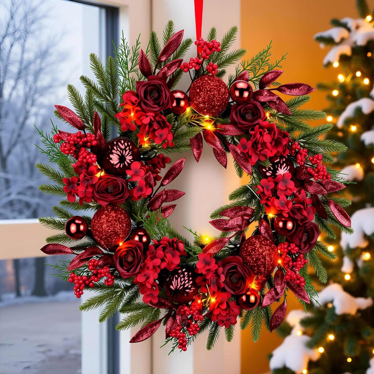 Lighted Christmas Wreath with Baubles, Berries, Leaves, Snowy Pine Needles (Red Hydrangea) 5&#x22;D x 24&#x22;W x 24&#x22;H
