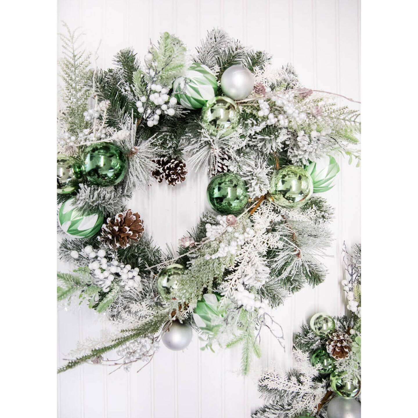 24” Christmas Pine and Ornament Wreath Holiday Front Door Wreath with Red Balls and Greenery