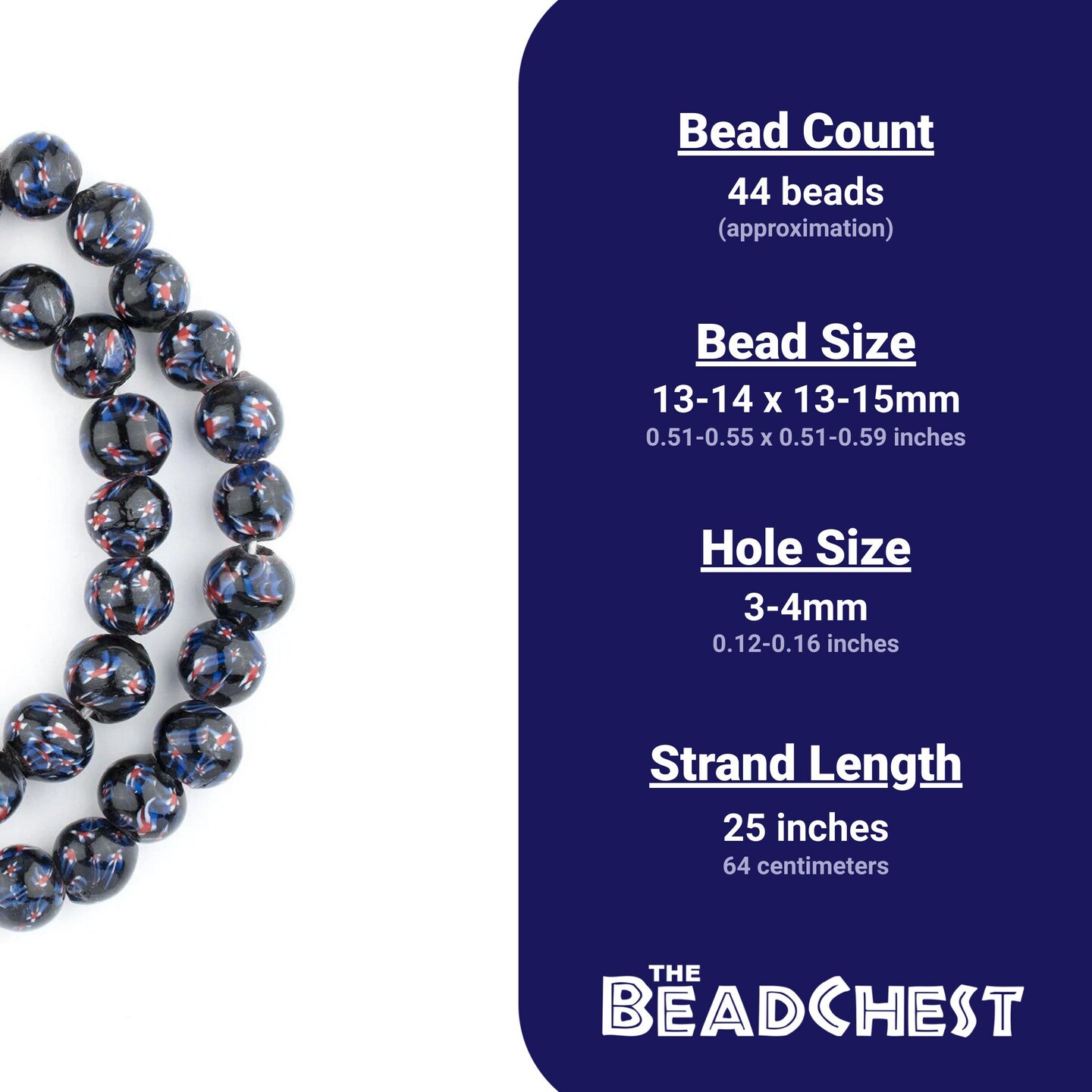 The Bead Chest Midnight Blue Round Millefiori Beads 14mm Multicolor Glass Large Hole 25 Inch Strand