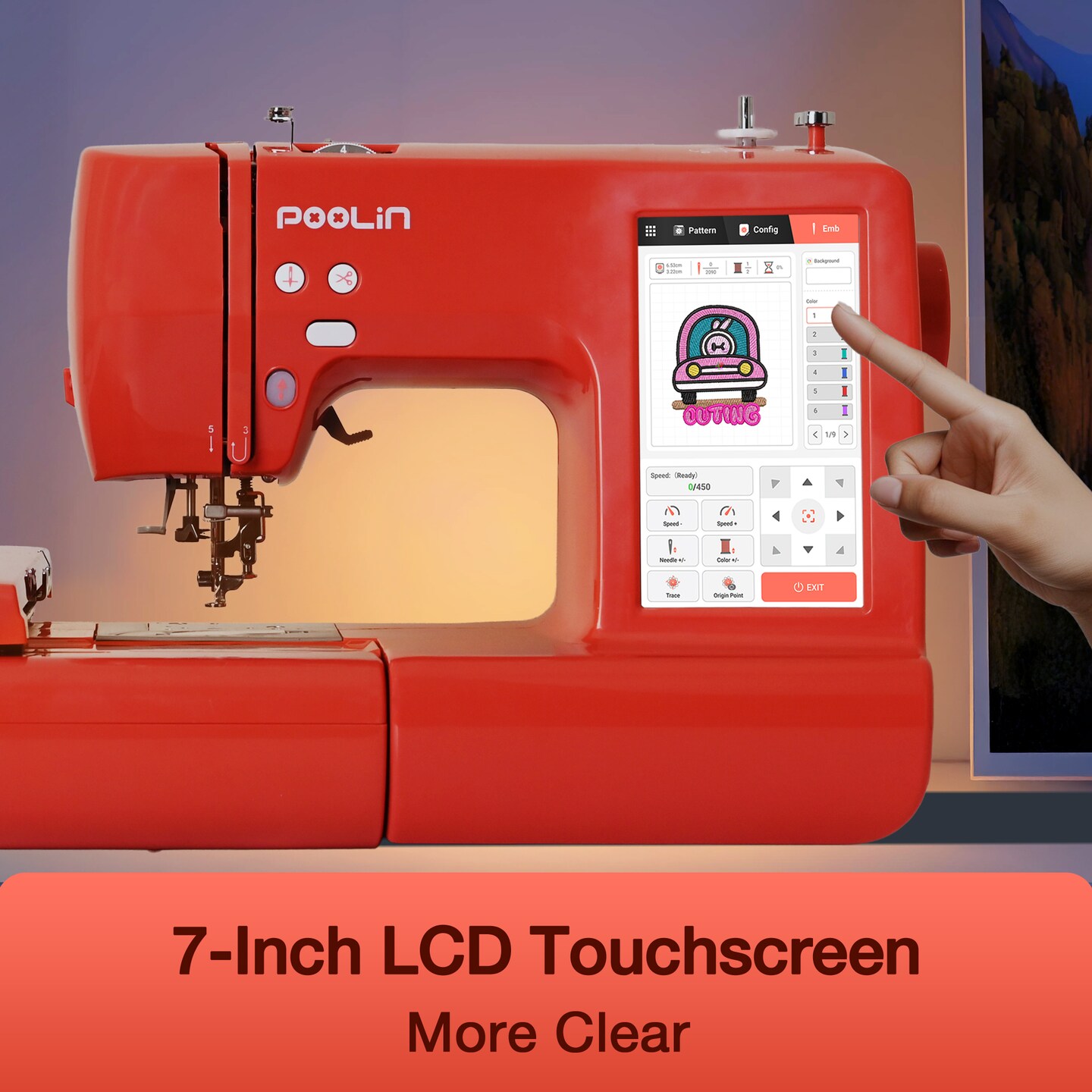 Poolin EOC05-RE Computerized Embroidery Machine 9.2x4" Big Area, 7" Touch Screen, Wifi with embroidery starter Kit Software availble for Business DIY Lovers & Christmas Gift