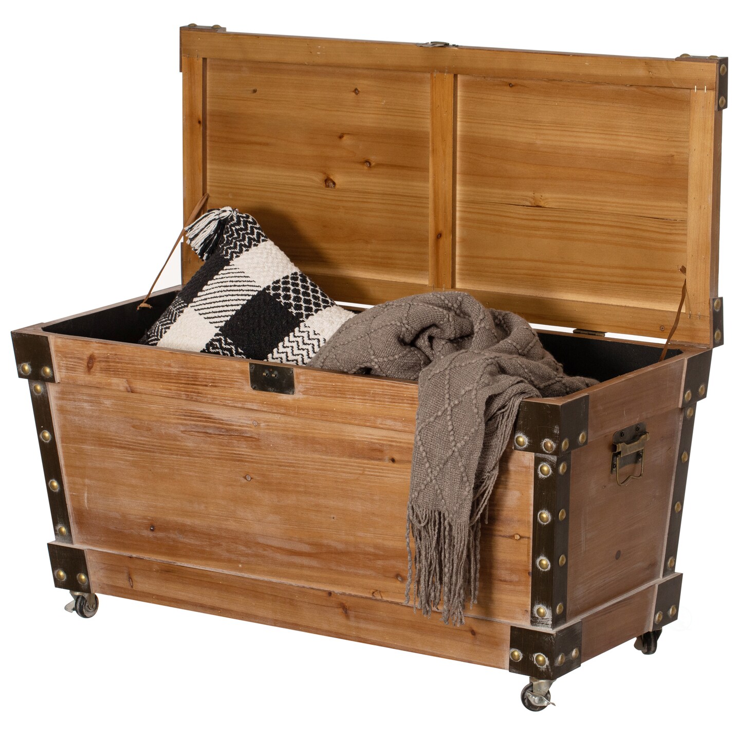 Vintiquewise Wooden Storage Trunk Bench with Wheels and Black Metal Accents Blanket & Linen Chest Decorative Organizer Entryway Seating Shoe Station or Bedroom Use for Pillows Throws & Extra Beddings