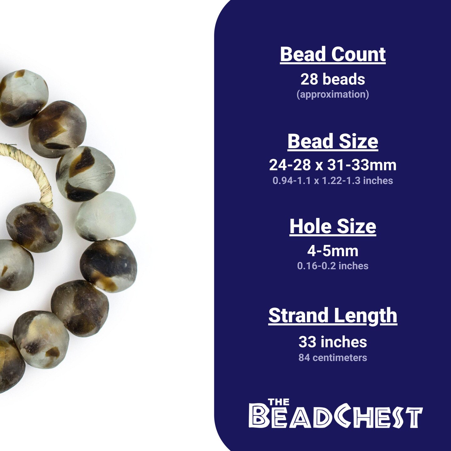 Super Jumbo Recycled Glass Beads - Beaded Wall Hangings - Extra Large African Sea Glass Beads 32-35mm - The Bead Chest (Brown Swirl)