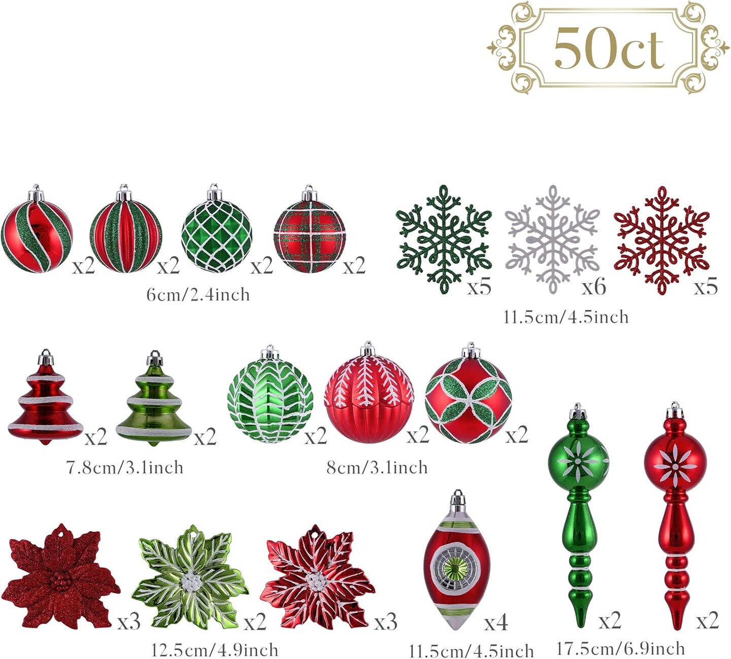 50ct Shatterproof Ball Ornaments Christmas (Red, Green, White) - 16.54 x 6.3 x 9.45 inches