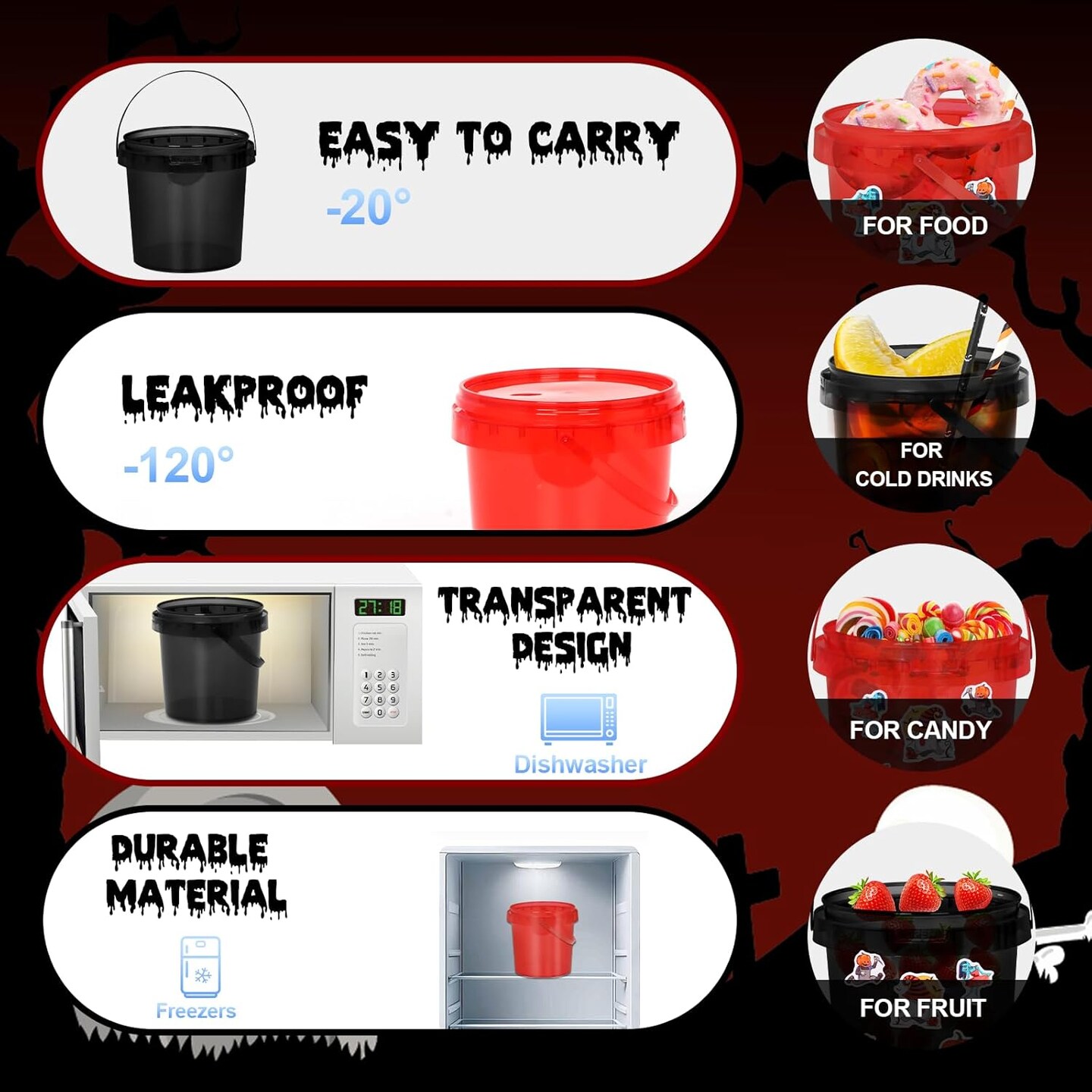 20pcs Halloween Candy Bucket (Red, Black) - 5.12"L x 4.9"W x 4.1"H