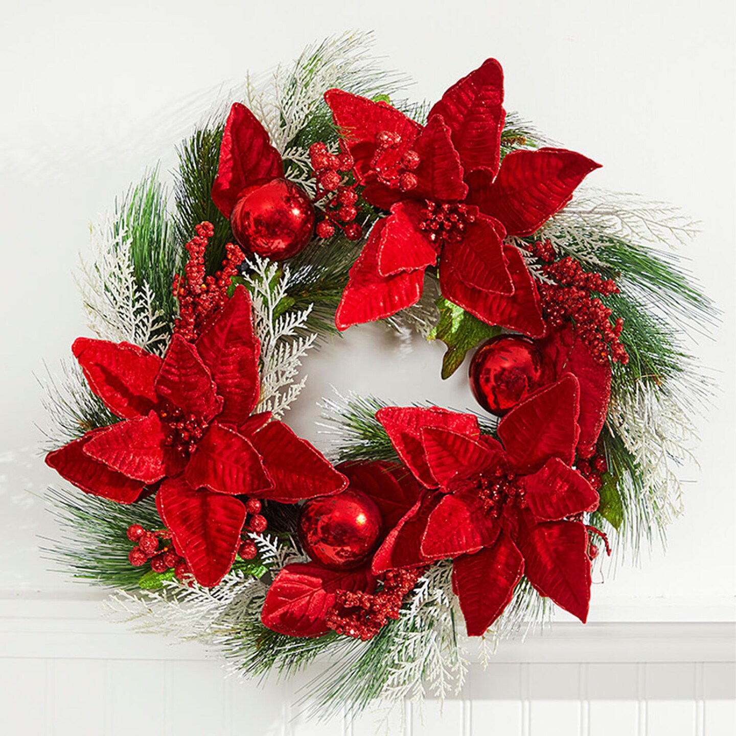 22” Poinsettia with Pine Wreath Classic Christmas Wreath with Red Flowers, Pinecones & Greenery
