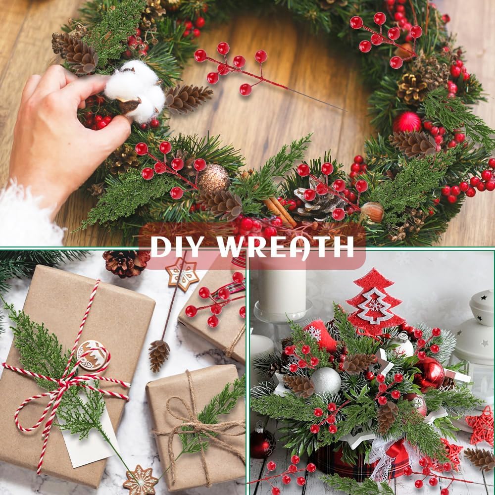 60 Pcs Christmas Artificial Pine Branches Red Berry Stems and Pine Cones (Green and Red) 3.9&#x22;D x 11.8&#x22;W x 4.3&#x22;H