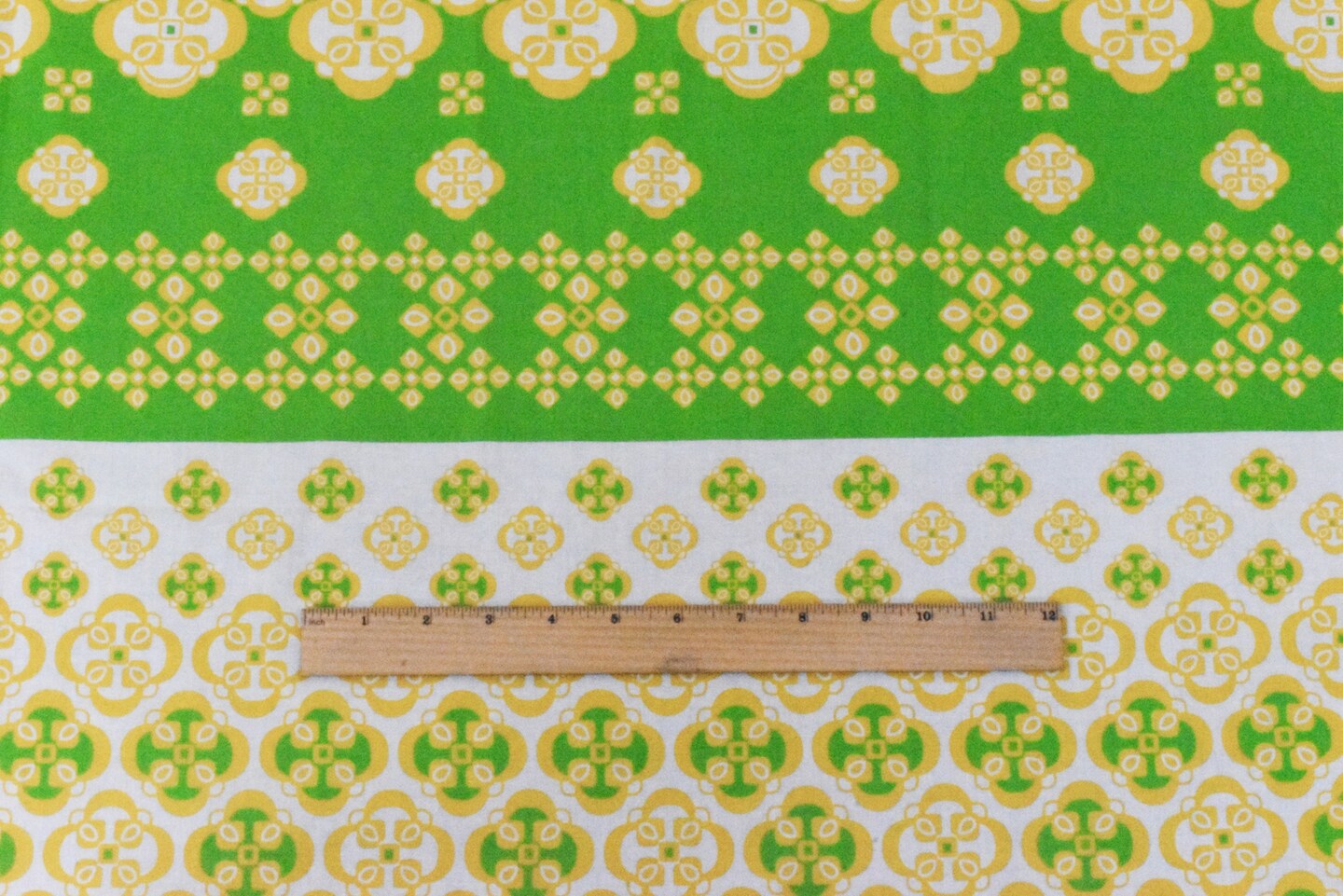 Ivory-Yellow-Green Striped Quatrefoil Printed Cotton Voile Woven Fabric By the Yard
