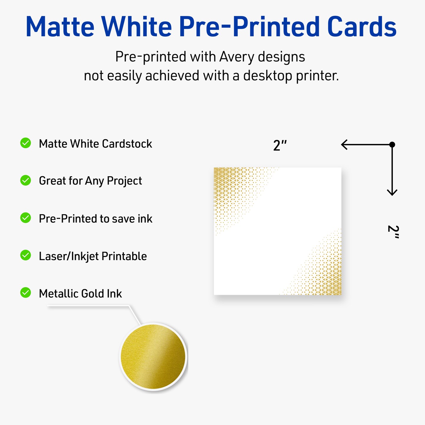 Avery Printable Square Business Cards with Sure Feed Technology, Pre-Printed Gold Blush Pattern, Matte White, 2" x 2", Laser & Inkjet Compatible, 120 Total, Great for Branding, Marketing, and Events
