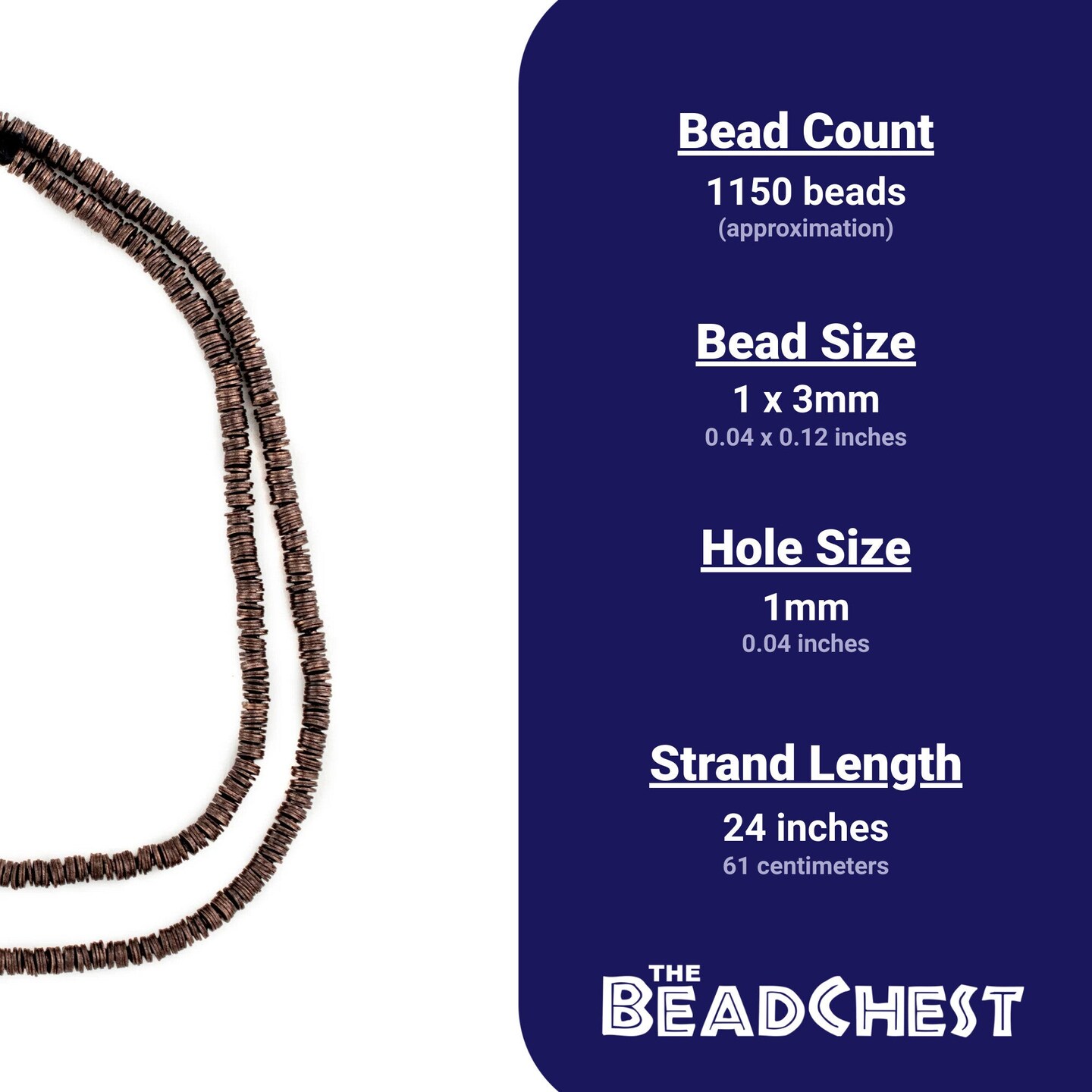 The Bead Chest Antiqued Copper Flat Disk Heishi Beads (3mm), 24" Strand, Handmade for Jewelry Making & Crafts | Approximately 1150 Beads