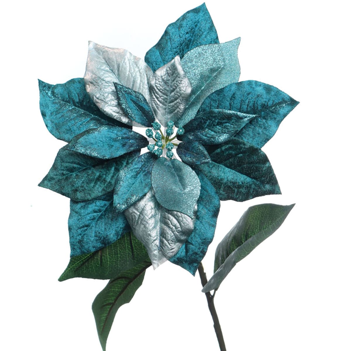 28″ Glitter & Metallic Velvet Poinsettia Stem – Elegant Christmas Floral Pick