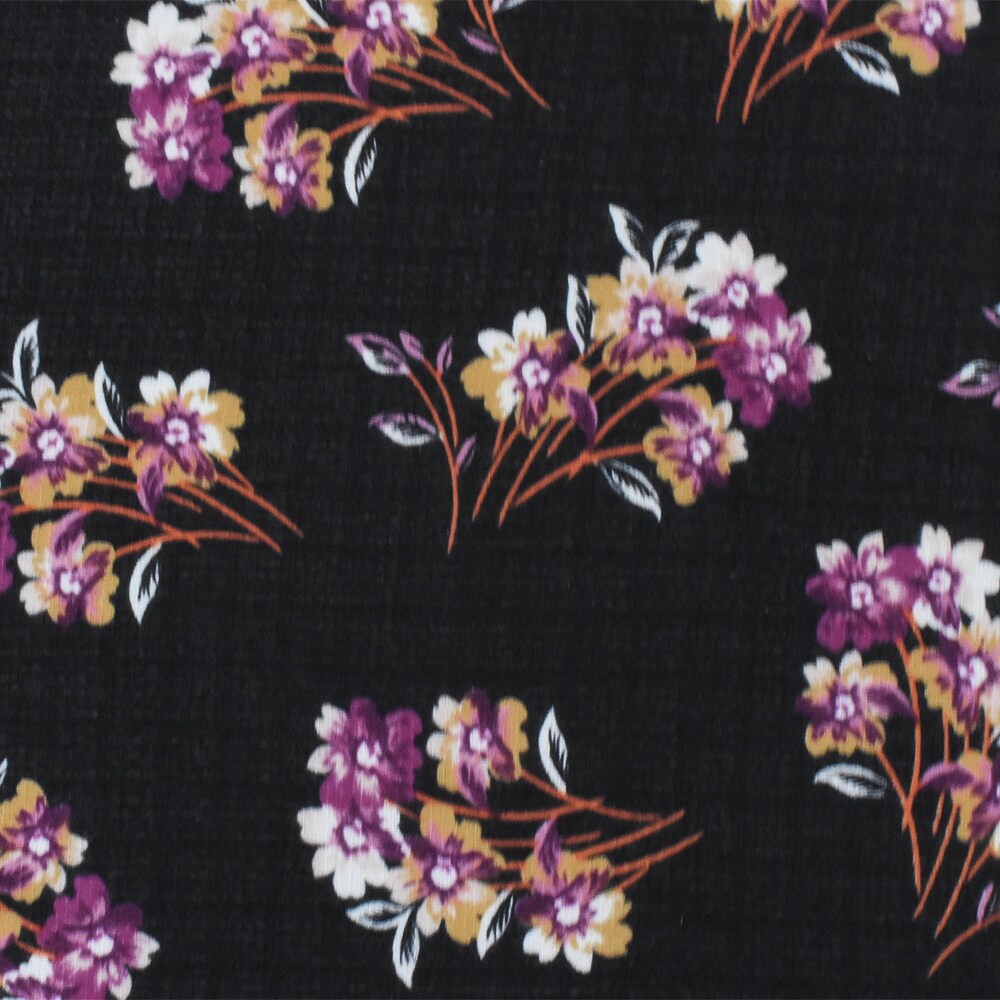 Black-Purple-Multi Floral Printed Poly Grid Slub Chiffon Woven Fabric By the Yard