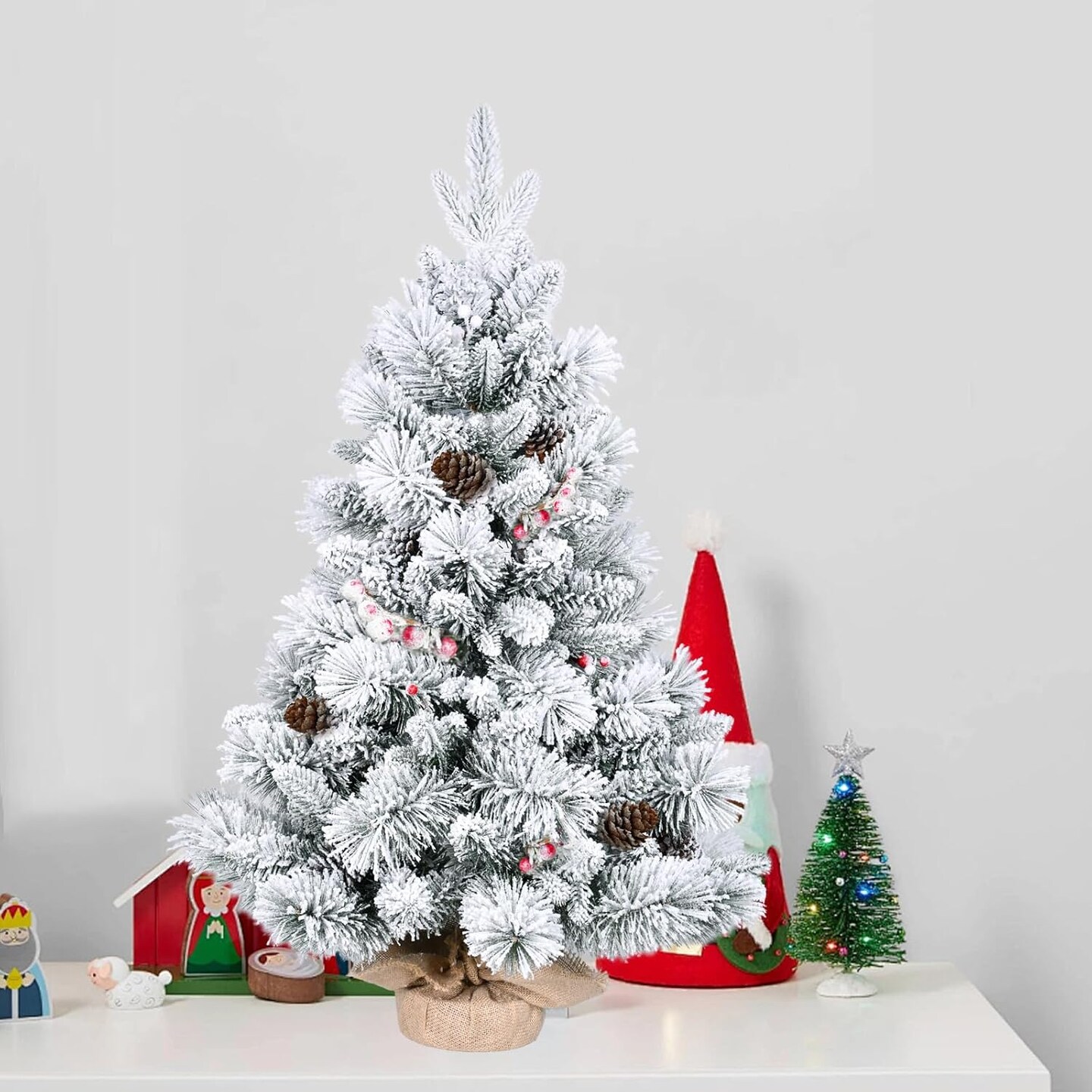 3FT Artificial Christmas Tree with Berries for Tabletop (White) 21&#x22;D x 21&#x22;W x 36&#x22;H