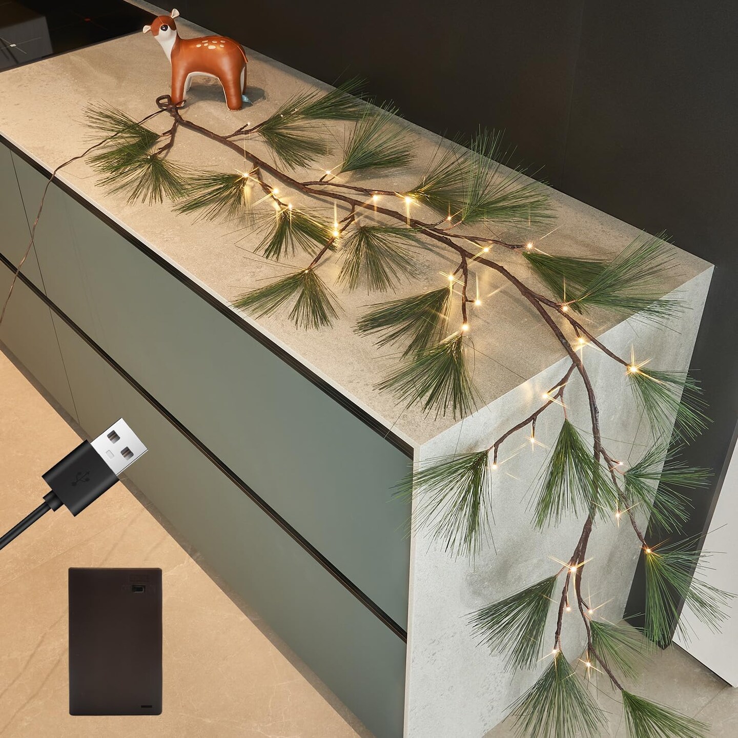 Lighted Christmas Pine Garland with Timer 6 FT (Dark Green)