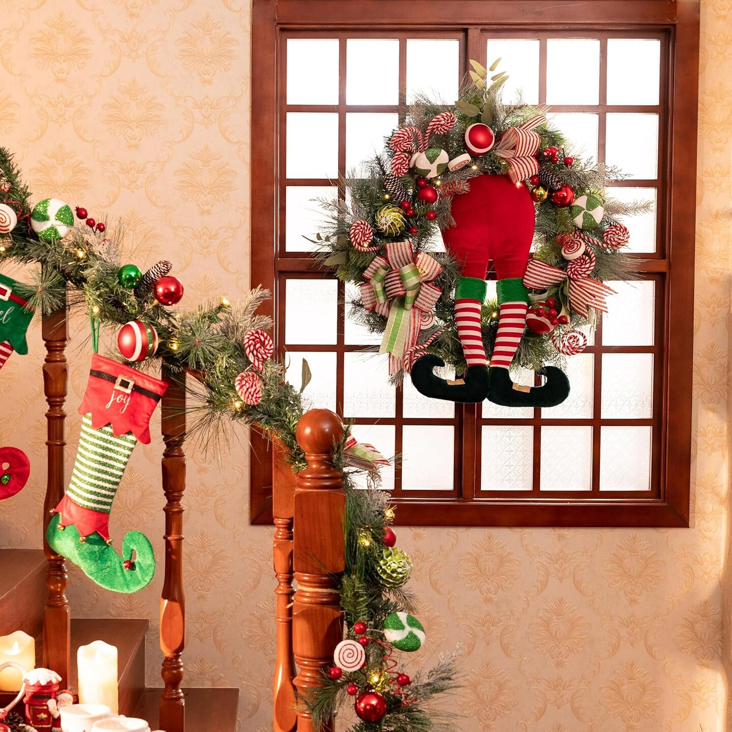 Pre-Lit Christmas Wreath for Front Door with Lights (Red,Green,White) 4&#x22;D x 30&#x22;W x 30&#x22;H