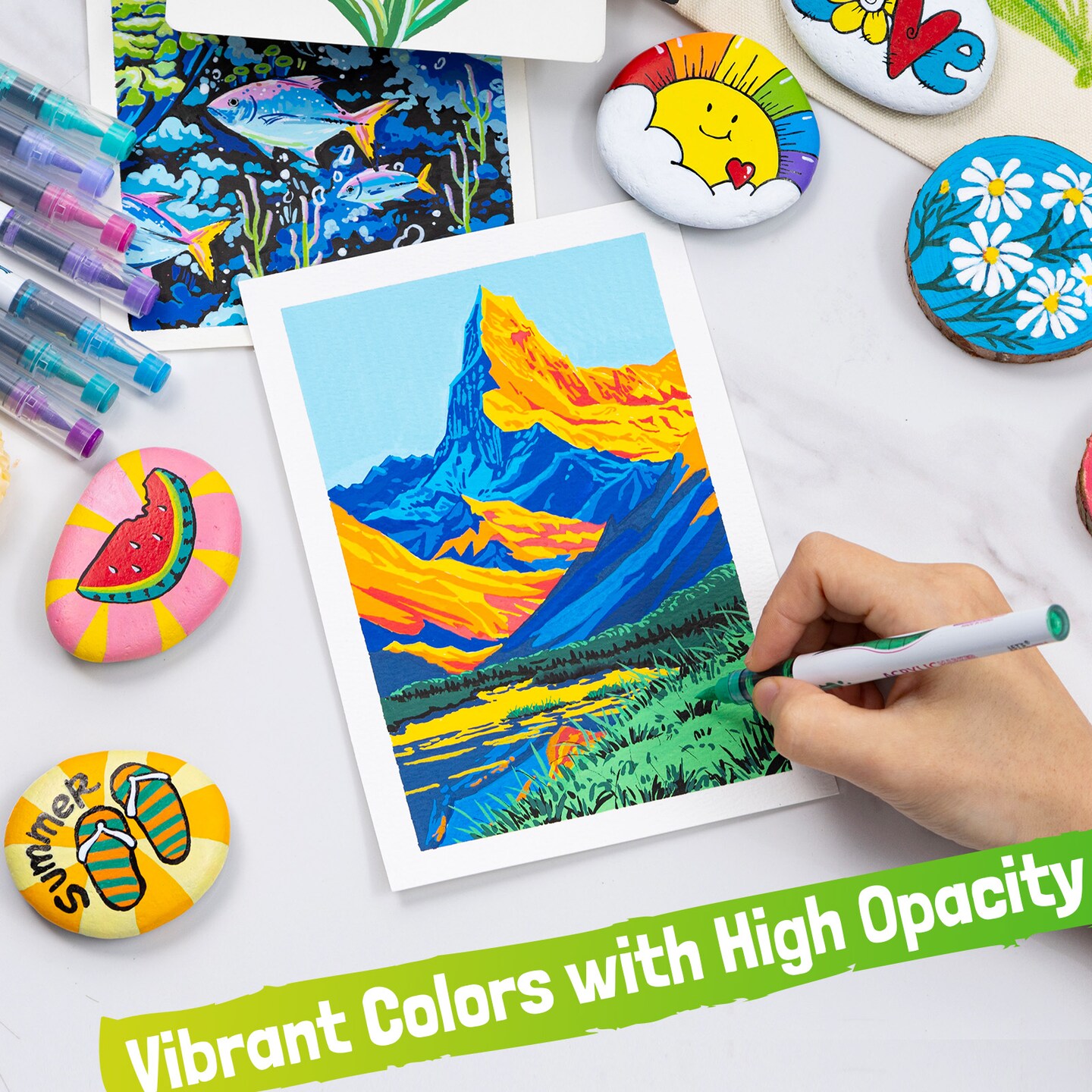 LET&#x27;S RESIN PAINT Acrylic Paint Markers Brush Tip 72 Colors,Automatic Ink Control Acrylic Paint Pens,No Bleed &#x26; Good Coverage Acrylic Markers for Coloring Books,Rock Painting,Canvas,Ceramic,Wood