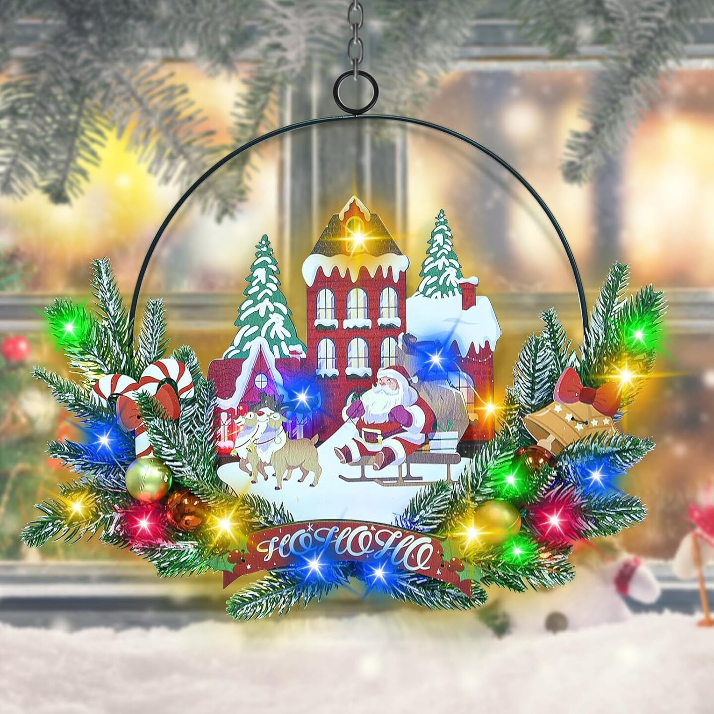 Light up Christmas Wreaths for Front Door (Santa Claus) 2"D x 13.39"W x 15.75"H