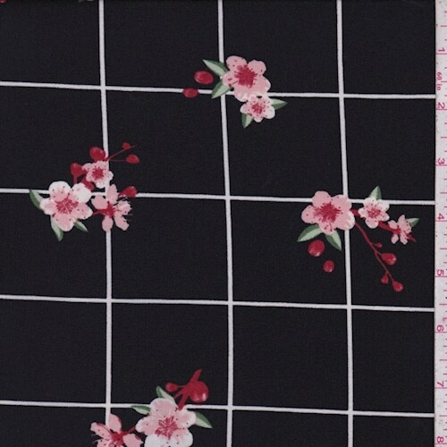 Black/Pink Floral Check Double Brushed Jersey Knit Fabric By the Yard
