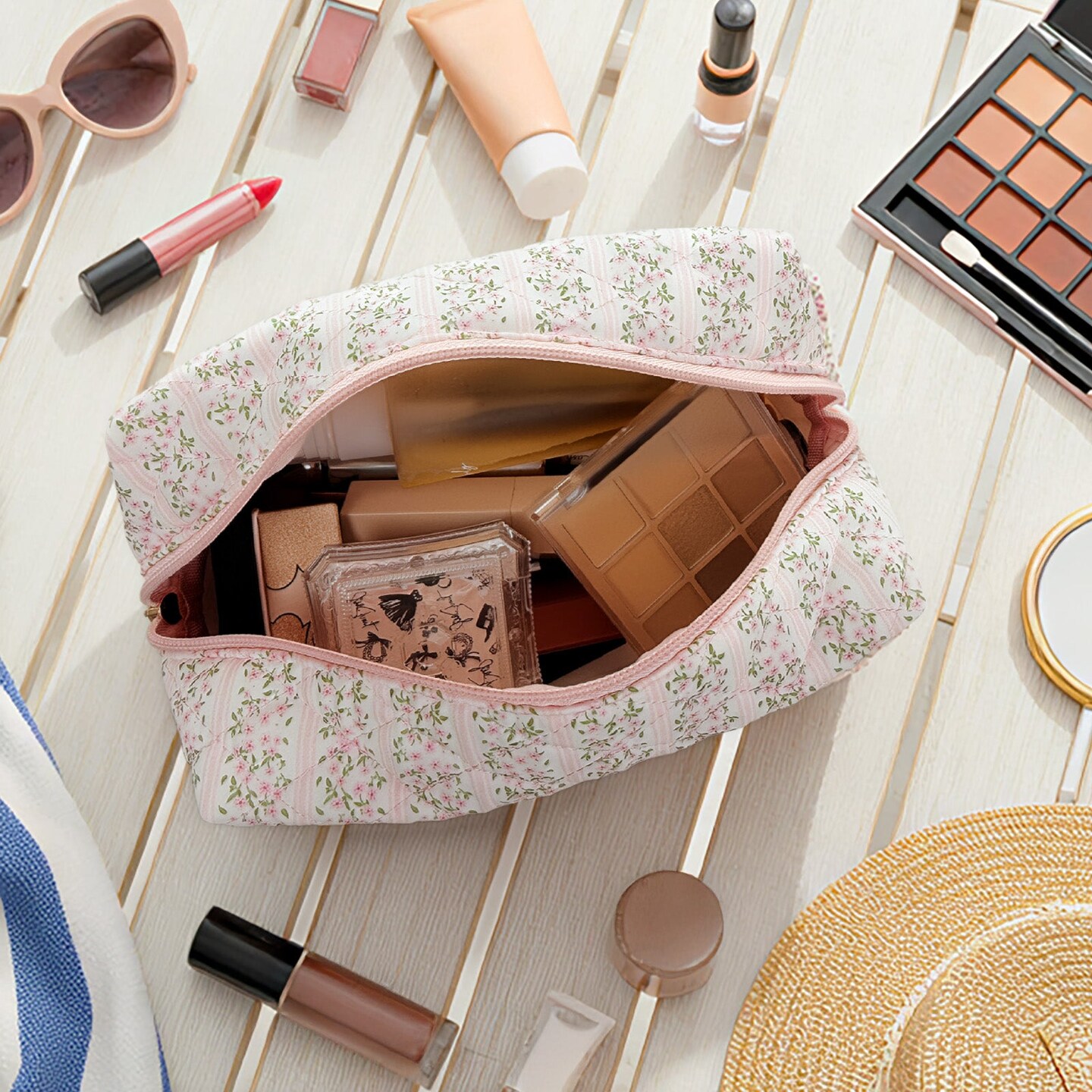 Wrapables Floral Quilted Makeup Bag for Cosmetics, Toiletries, Travel, Petite Pink