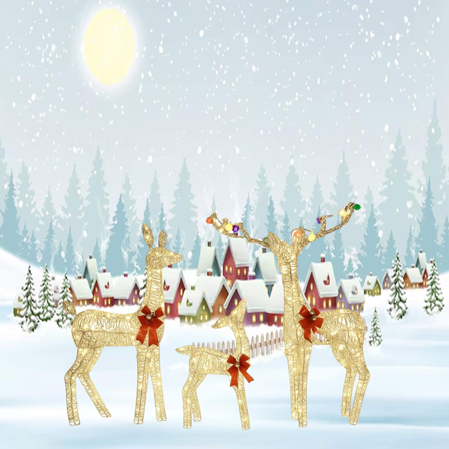 Glittering PVC Christmas Deer Set for Lawn and Garden Decorations 52"+46"+29"