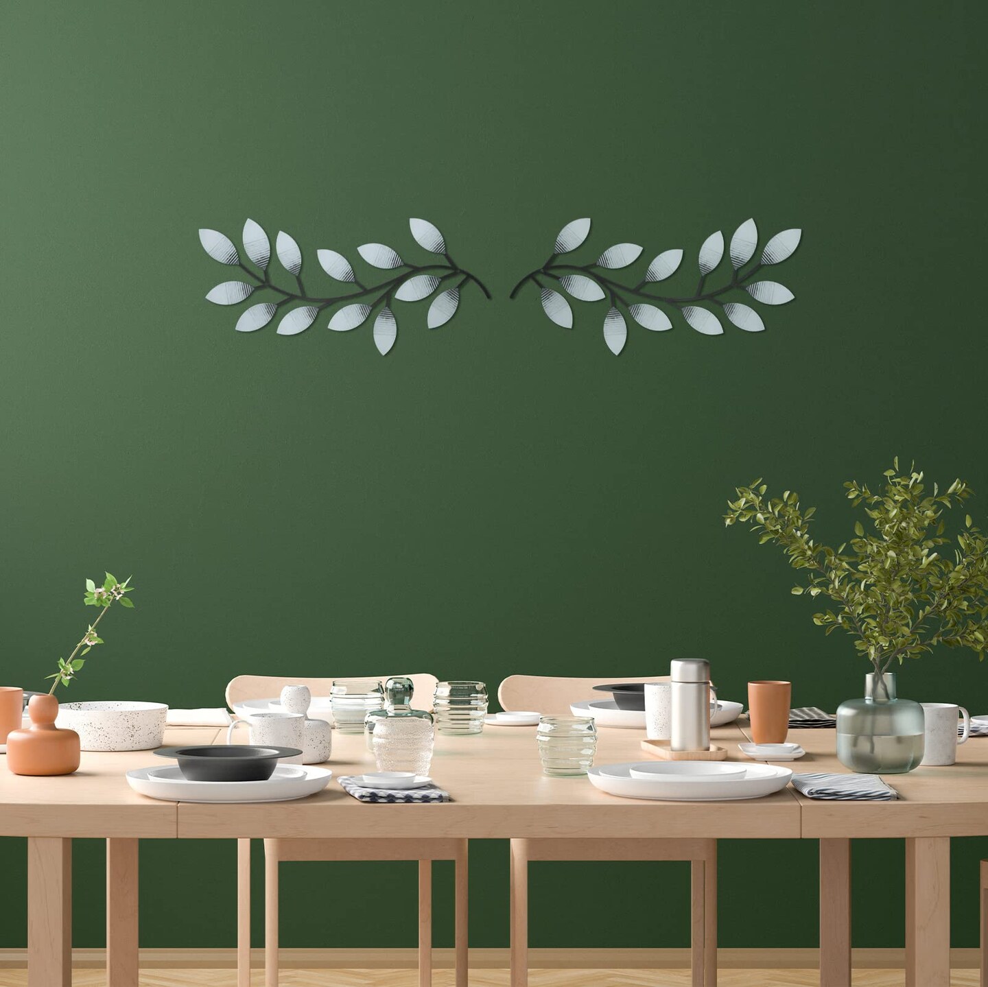 2 Pieces Metal Tree Leaf Wall Decor Vine Olive Branch Leaf Wall Art Living Room, Hallway Wall Decor Outdoor Decoration(Retro White)