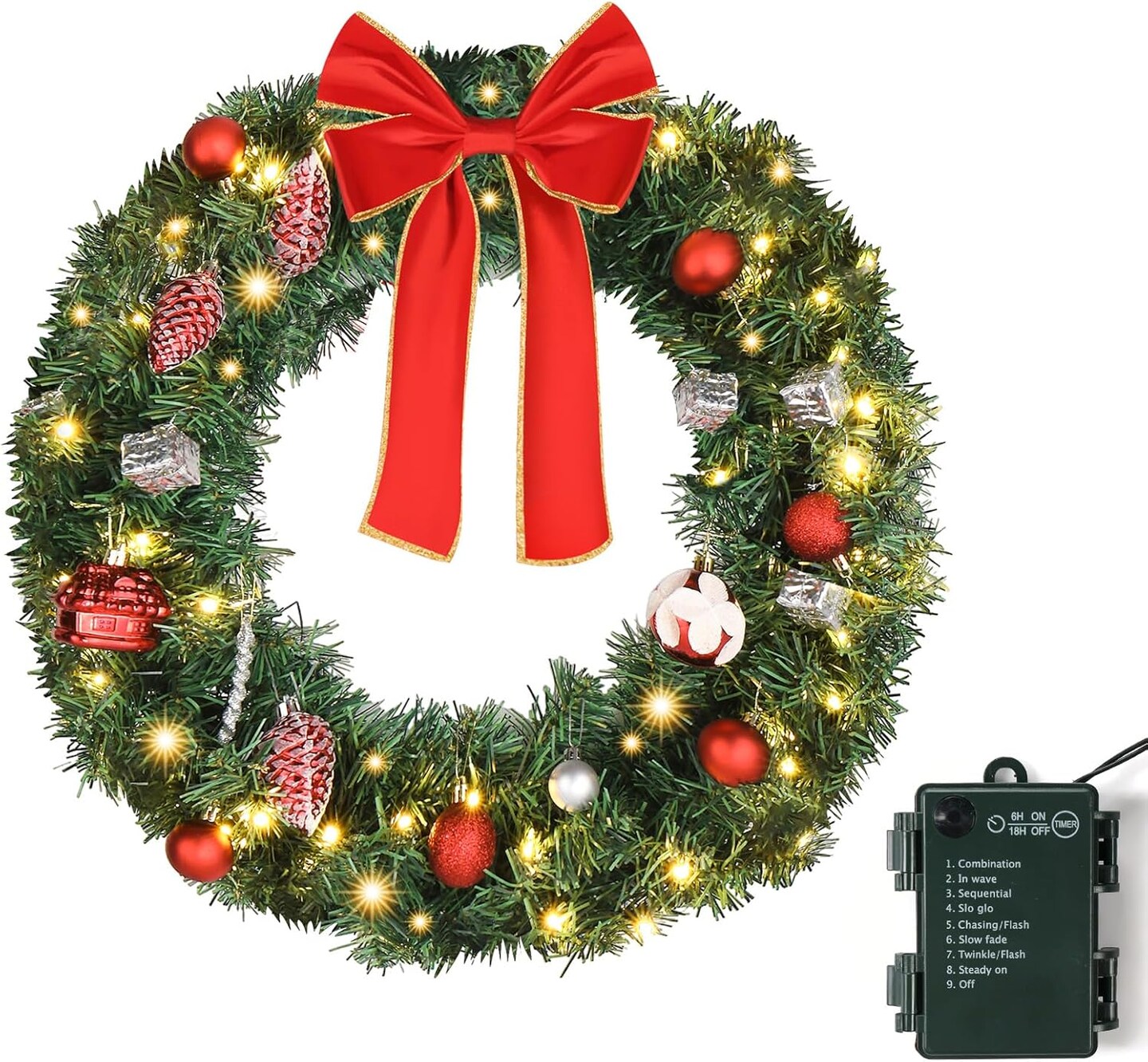 24 Inch Pre-Lit Lighted Artificial Christmas Wreath for Front Door (Green) 23.62"D x 23.62"W x 23.62"H