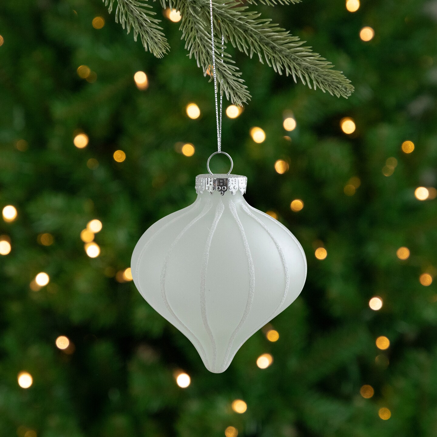 Northlight Matte Frosted Glitter Stripes Glass Christmas Onion Ornaments - 3.25&#x22; (75mm) - 3ct