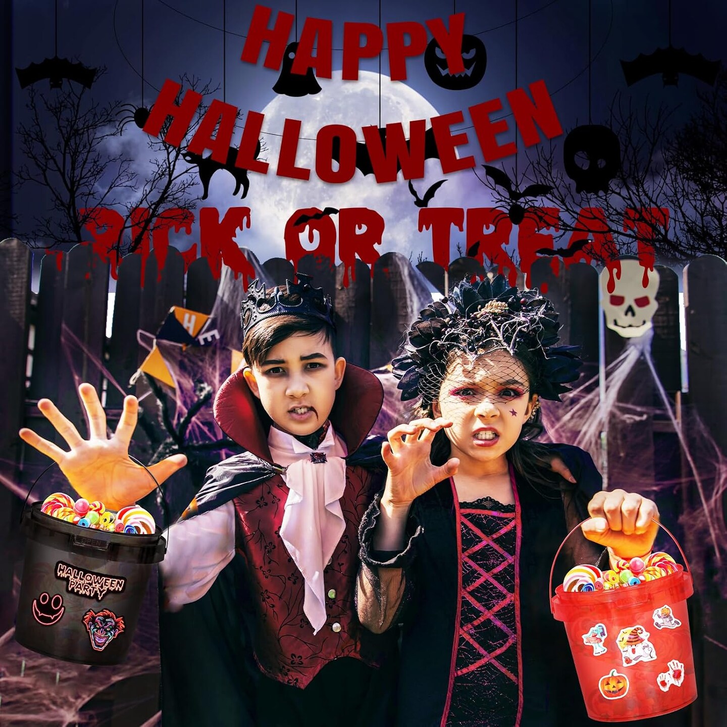 20pcs Halloween Candy Bucket (Red, Black) - 5.12"L x 4.9"W x 4.1"H