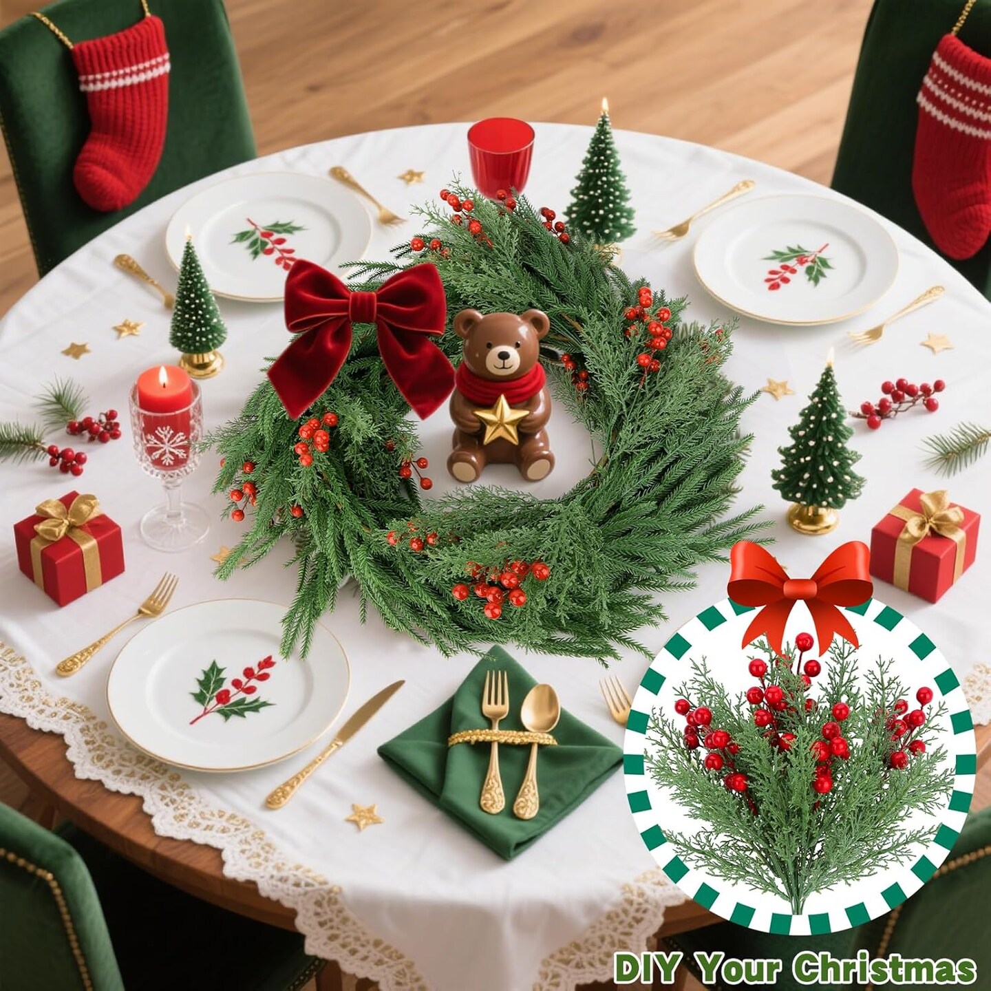 4 Bundles Artificial Christmas Flowers with Red Berry Stems (Green, Red) 7&#x22;D x 9.84&#x22;W x 15&#x22;H