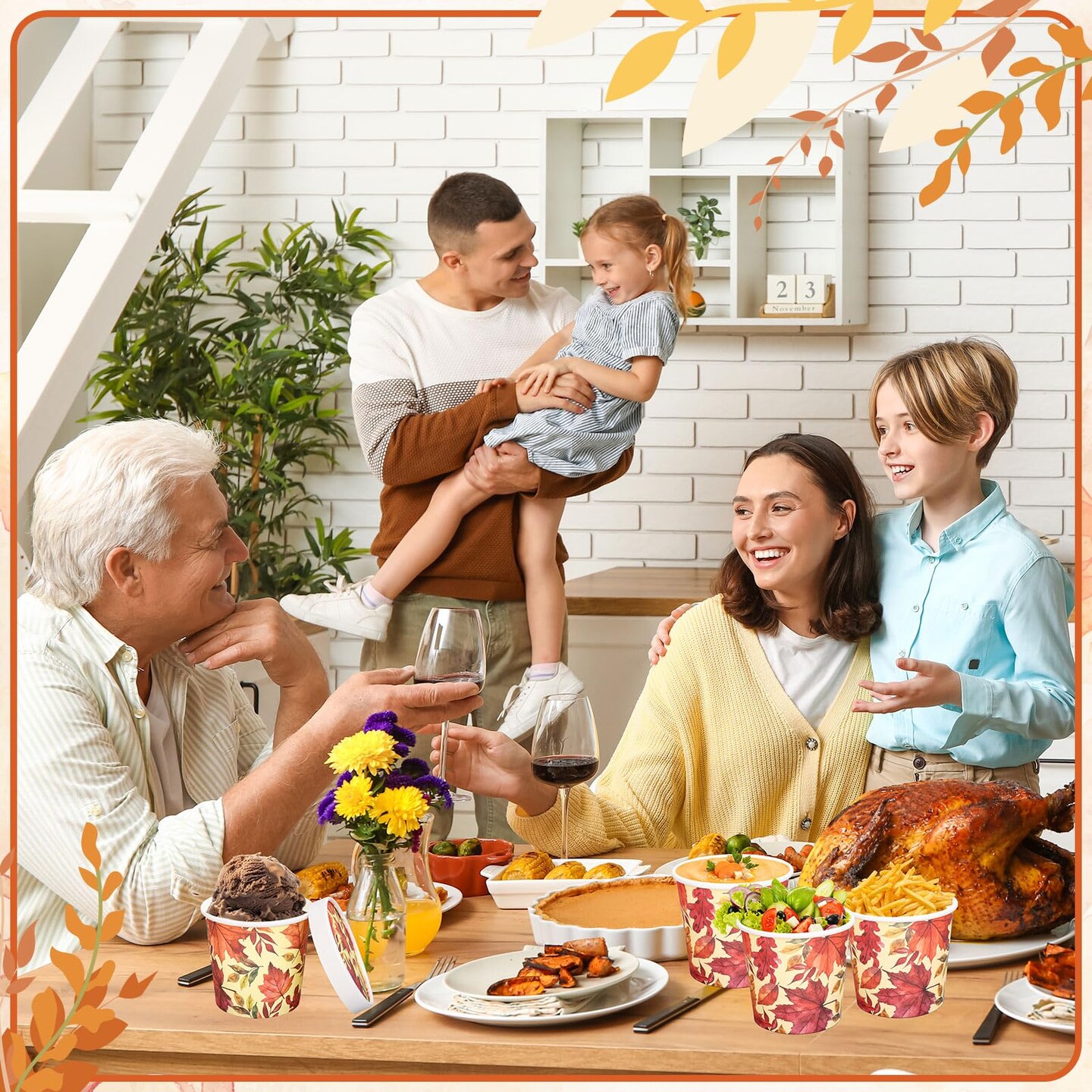 50Pcs 12Oz Fall Maple Leaf Kraft Paper Soup Containers with Lids Autumn Paper Food Bows Disposable Cups for Thanksgiving Party Storing Food Carrying Out