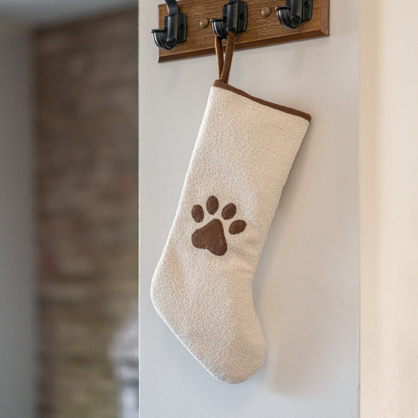Boucl&#xE9; Pet Christmas Stocking wth Paw Print and Brown Trim