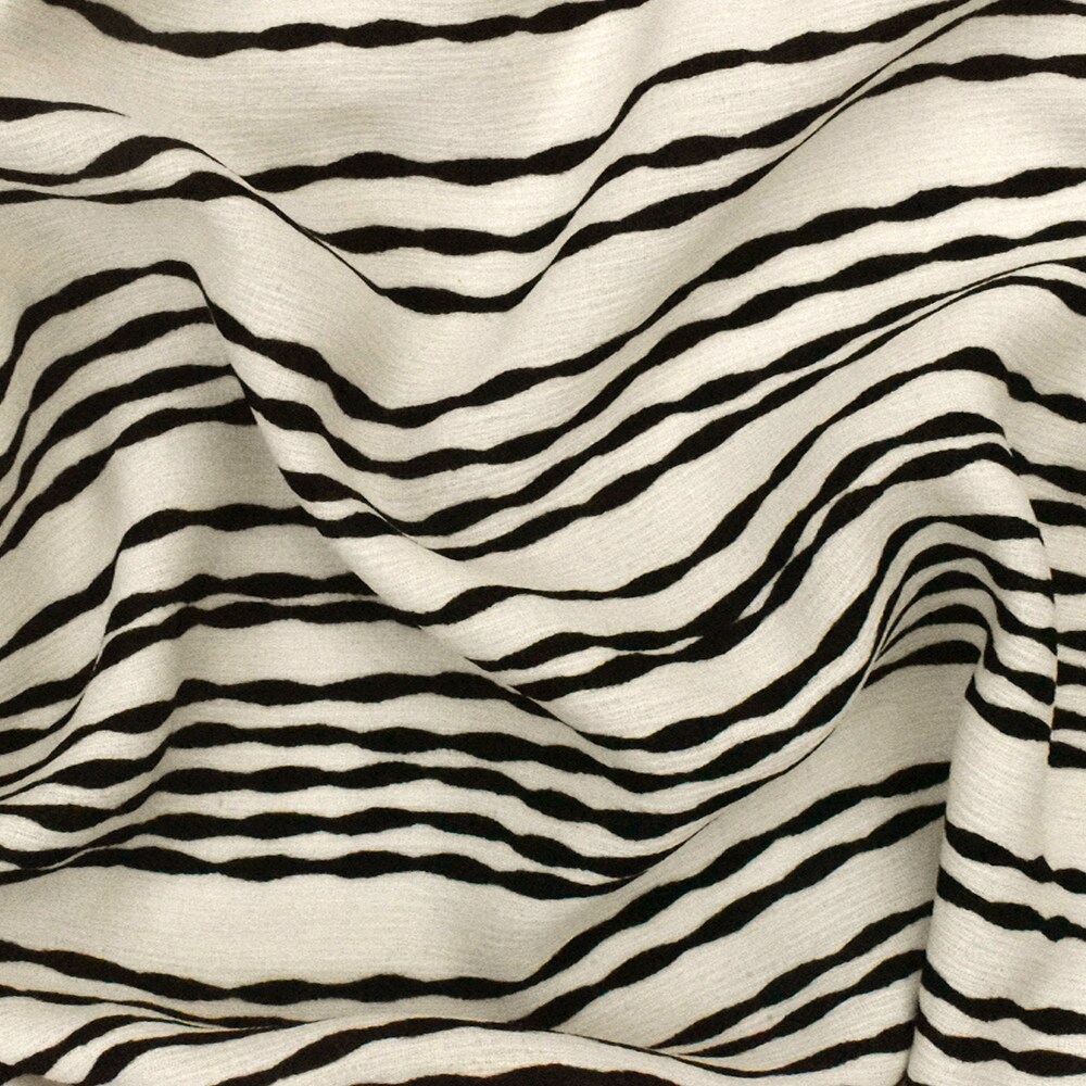 Ivory-Black Bump Stripe Printed Striated Texture Crepe Fabric By the Yard