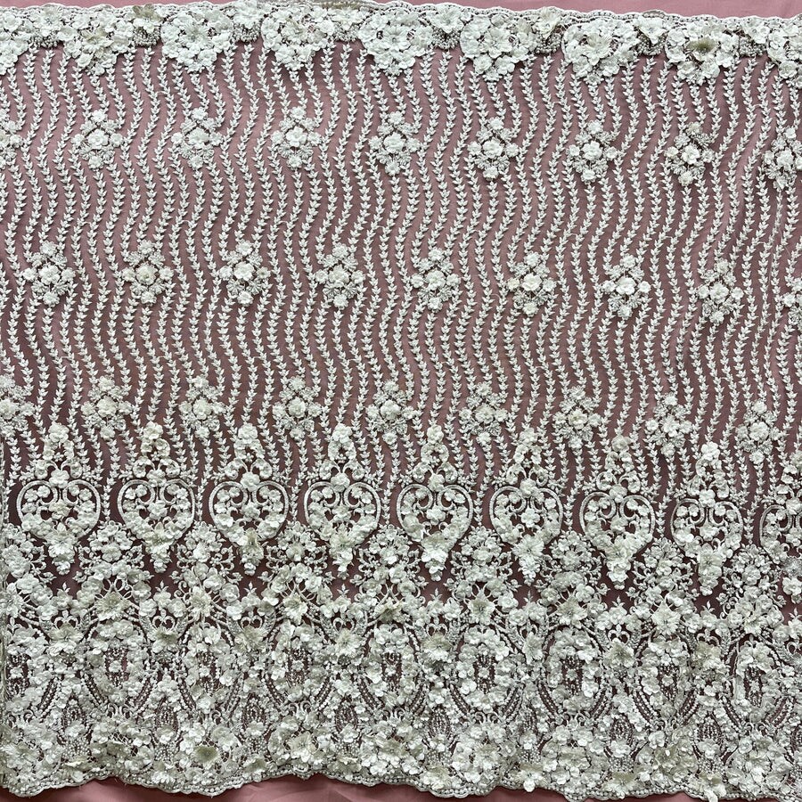 1 Yard Beaded 3D Floral Lace Fabric Embroidered on 100% Polyester Net Mesh - Ivory - 48" Width